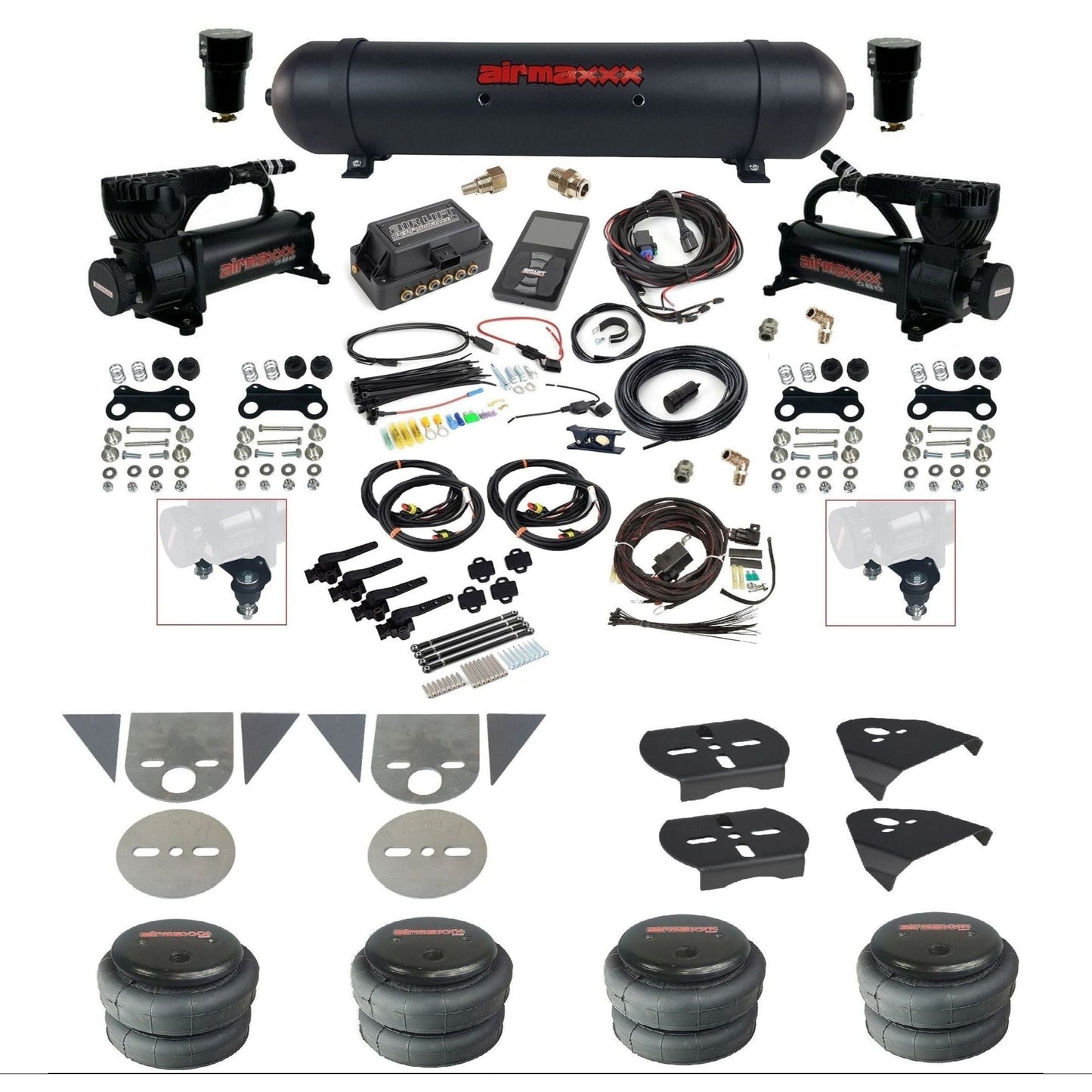 Air Lift 3H 27695 3/8 air suspension kit with dual black 580 compressors black aluminum tank 2500 bags & airmaxxx brackets for mini trucks KTOR-580B2-57ABK-27695-WK-3P2