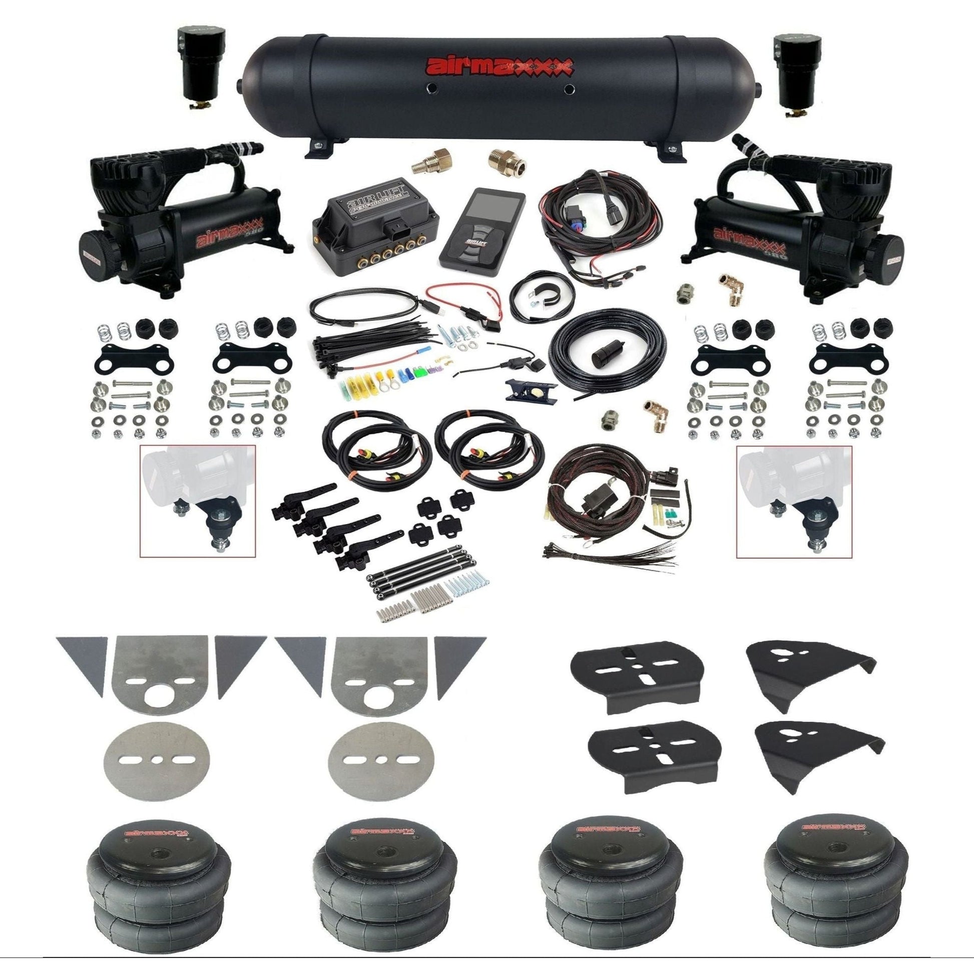 Air Lift 3H 27695 3/8 air suspension kit with dual black 580 compressors black aluminum tank 2500 bags & airmaxxx brackets for mini trucks KTOR-580B2-57ABK-27695-WK-3P2