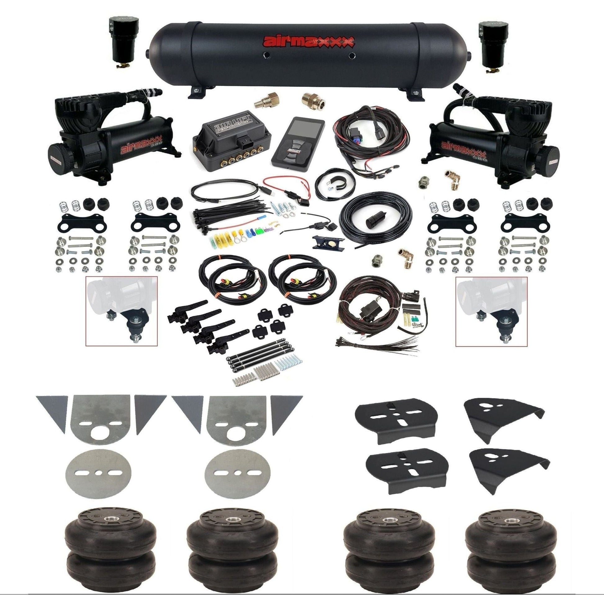 Air Lift 3H 27695 3/8 air suspension kit with dual black 580 compressors black aluminum tank Slam bags & airmaxxx brackets for mini trucks KTOR-580B2-57ABK-27695-WK-3P2SS6