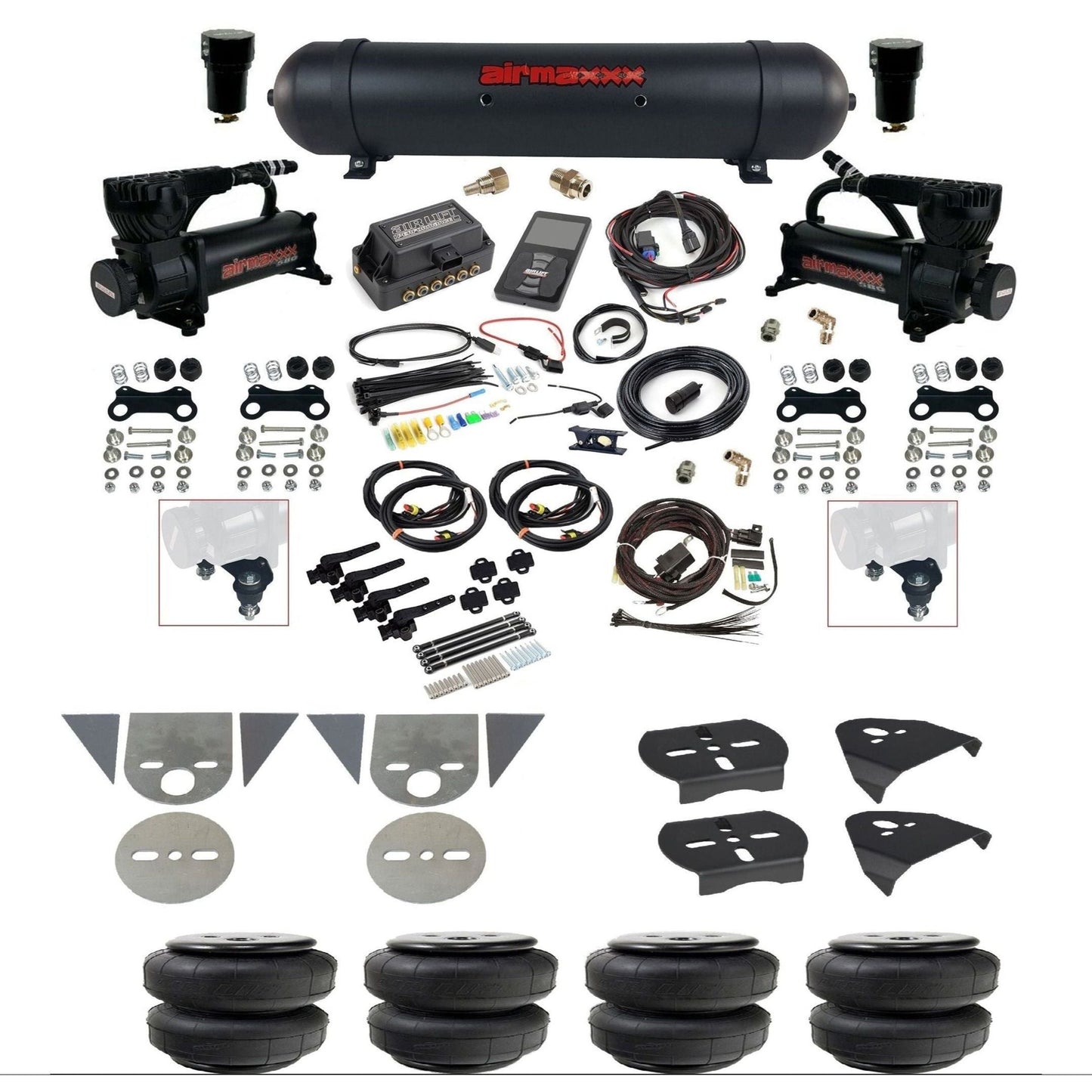 Air Lift 3H 27695 3/8 air suspension kit with dual black 580 compressors black aluminum tank airlift bags & airmaxxx brackets for mini trucks KTOR-580B2-57ABK-27695-WK-3P2D25