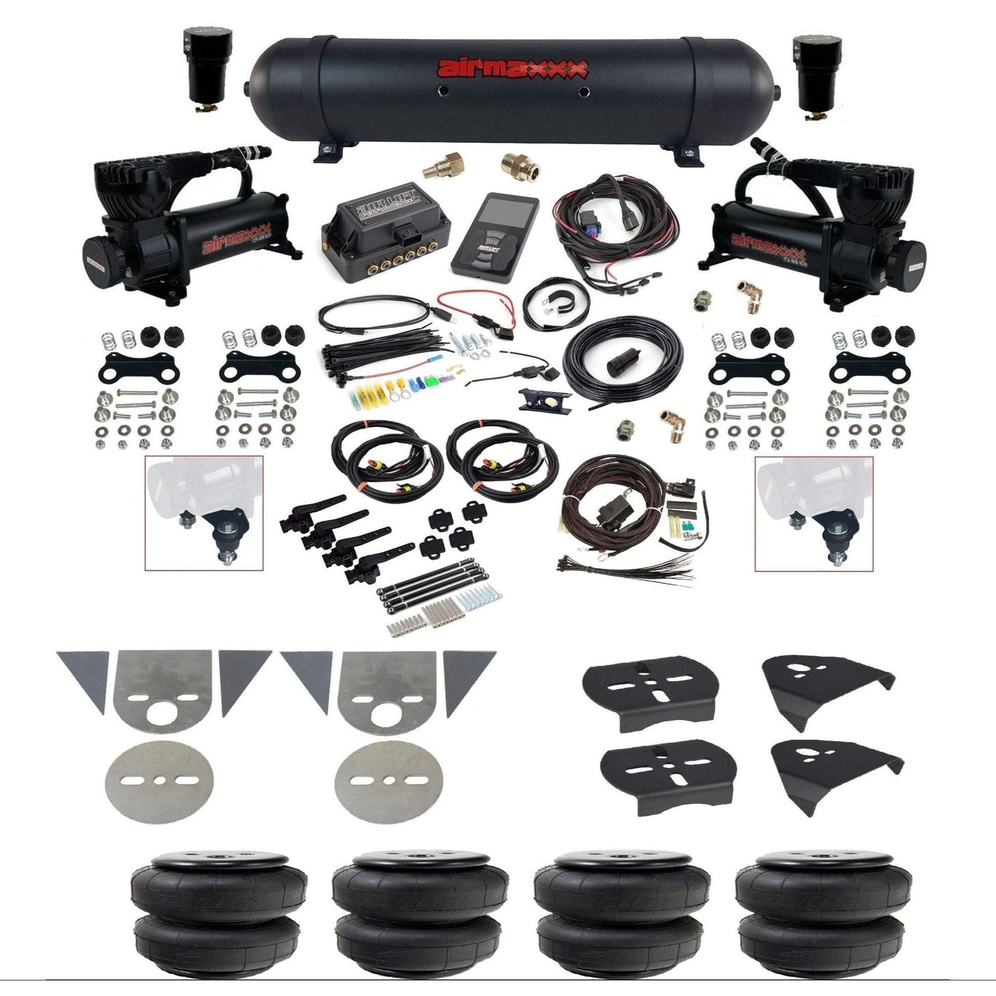 Air Lift 3H 27695 3/8 air suspension kit with dual black 580 compressors black aluminum tank airlift bags & airmaxxx brackets for mini trucks KTOR-580B2-57ABK-27695-WK-3P2D25