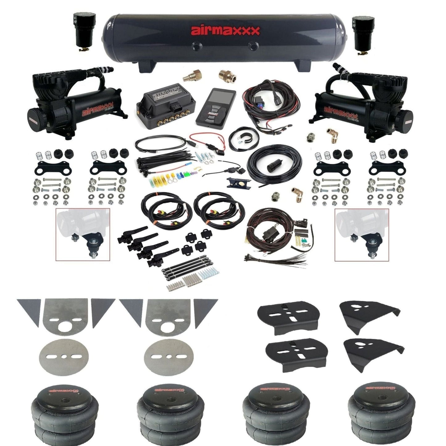 Air Lift 3H 27695 3/8 air suspension kit with dual black 580 compressors steel tank 2500 bags & airmaxxx brackets for mini trucks KTOR-580B2-57S-27695-WK-3P2