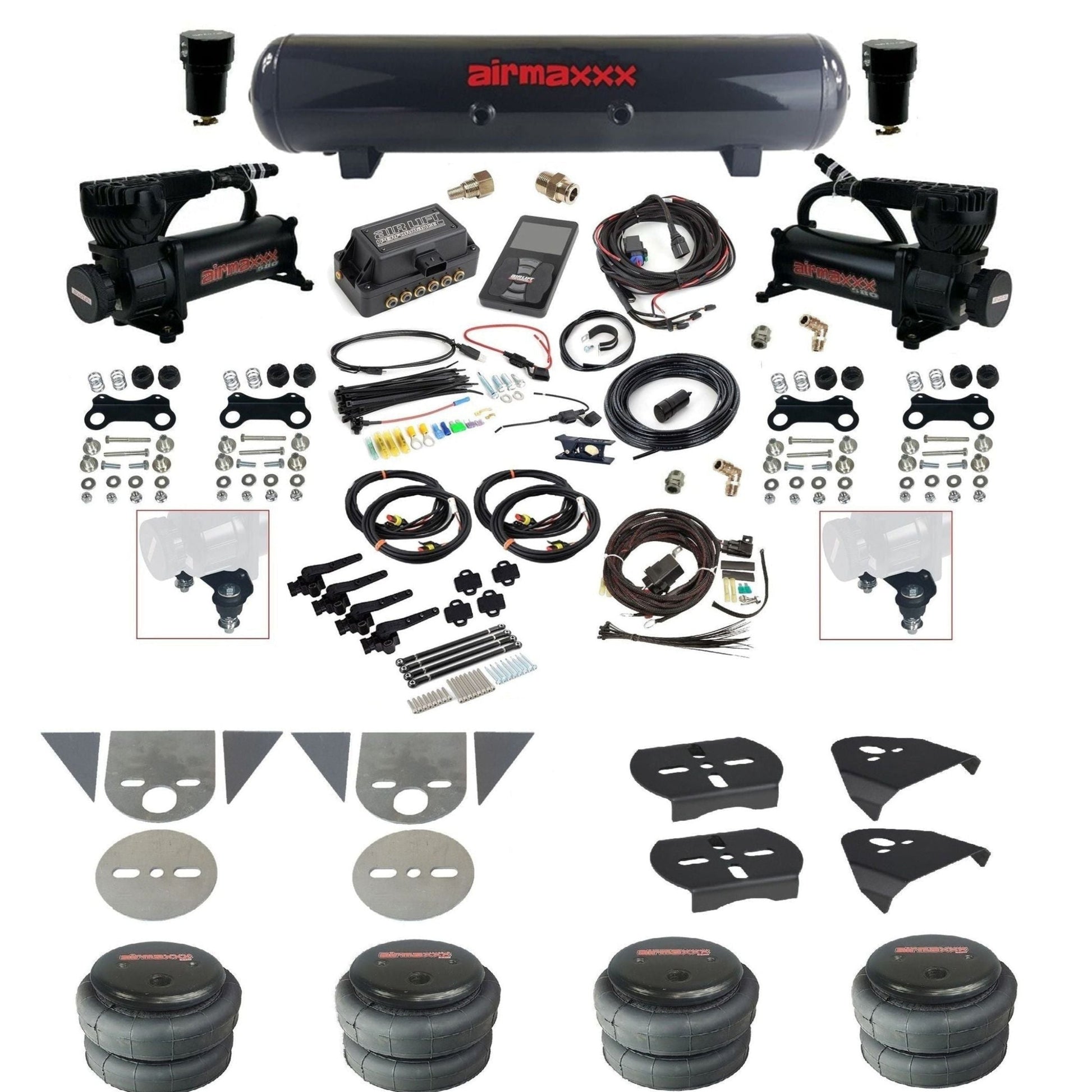 Air Lift 3H 27695 3/8 air suspension kit with dual black 580 compressors steel tank 2500 bags & airmaxxx brackets for mini trucks KTOR-580B2-57S-27695-WK-3P2