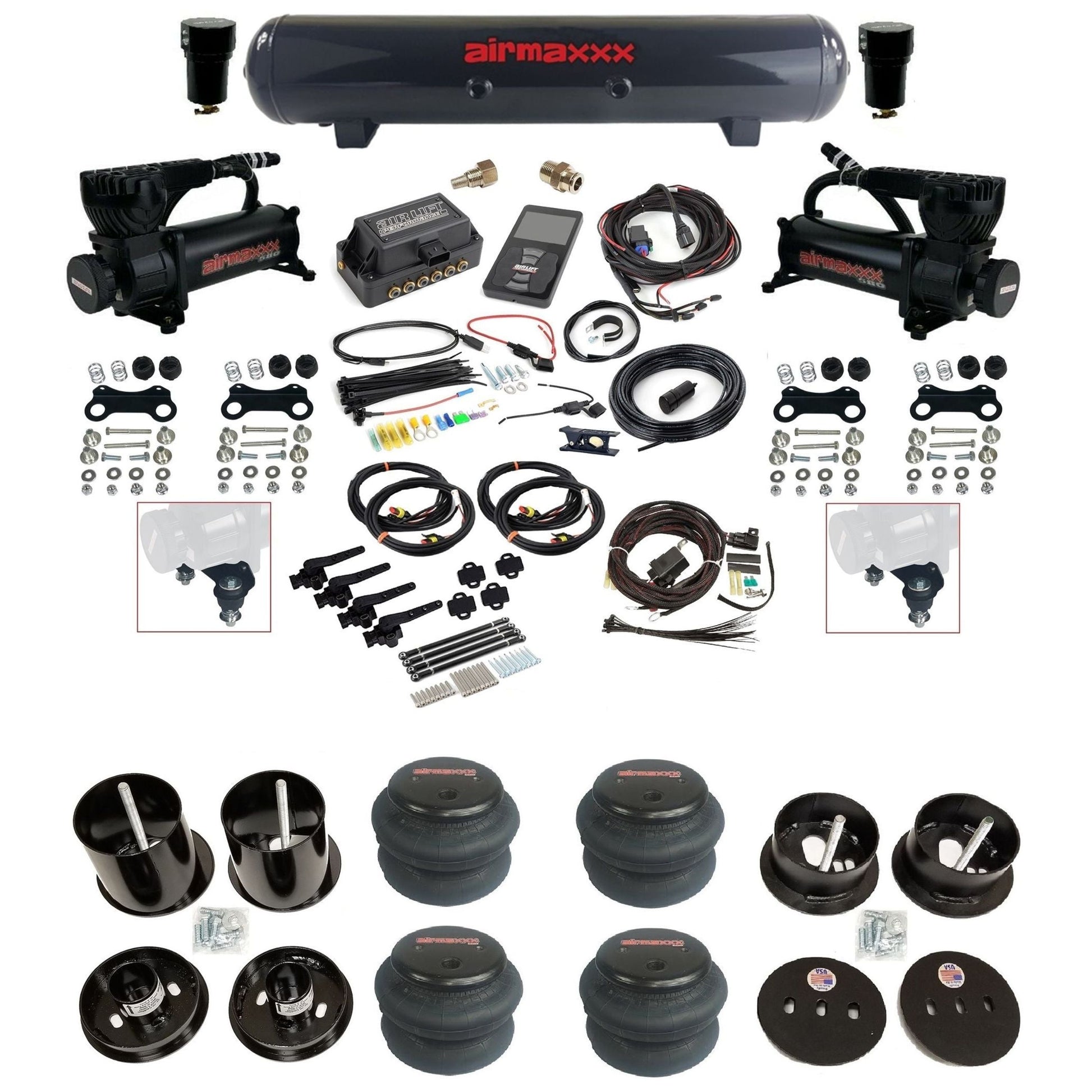 Air Lift 3H 27695 3/8 air suspension kit with dual black 580 compressors steel tank 2600 bags & airmaxxx brackets fits 1963-64 Cadillac KCAD63-580B2-57S-27695-WK-3P2
