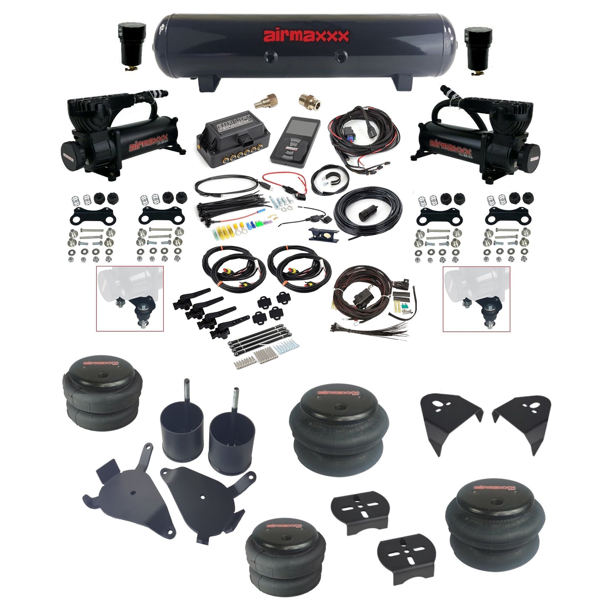Air Lift 3H 27695 3/8 air suspension kit with dual black 580 compressors steel tank 2600 bags & airmaxxx brackets fits 1982-05 Chevy S10/S15/Sonoma KS10-580B2-57S-27695-WK-3P2