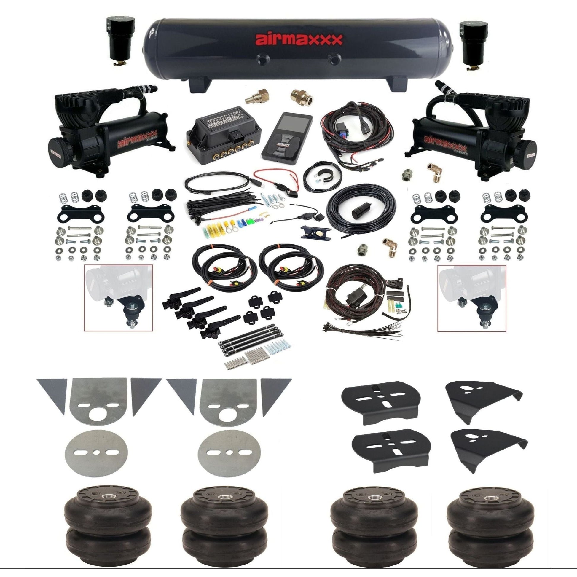 Air Lift 3H 27695 3/8 air suspension kit with dual black 580 compressors steel tank Slam bags & airmaxxx brackets for mini trucks KTOR-580B2-57S-27695-WK-3P2SS6