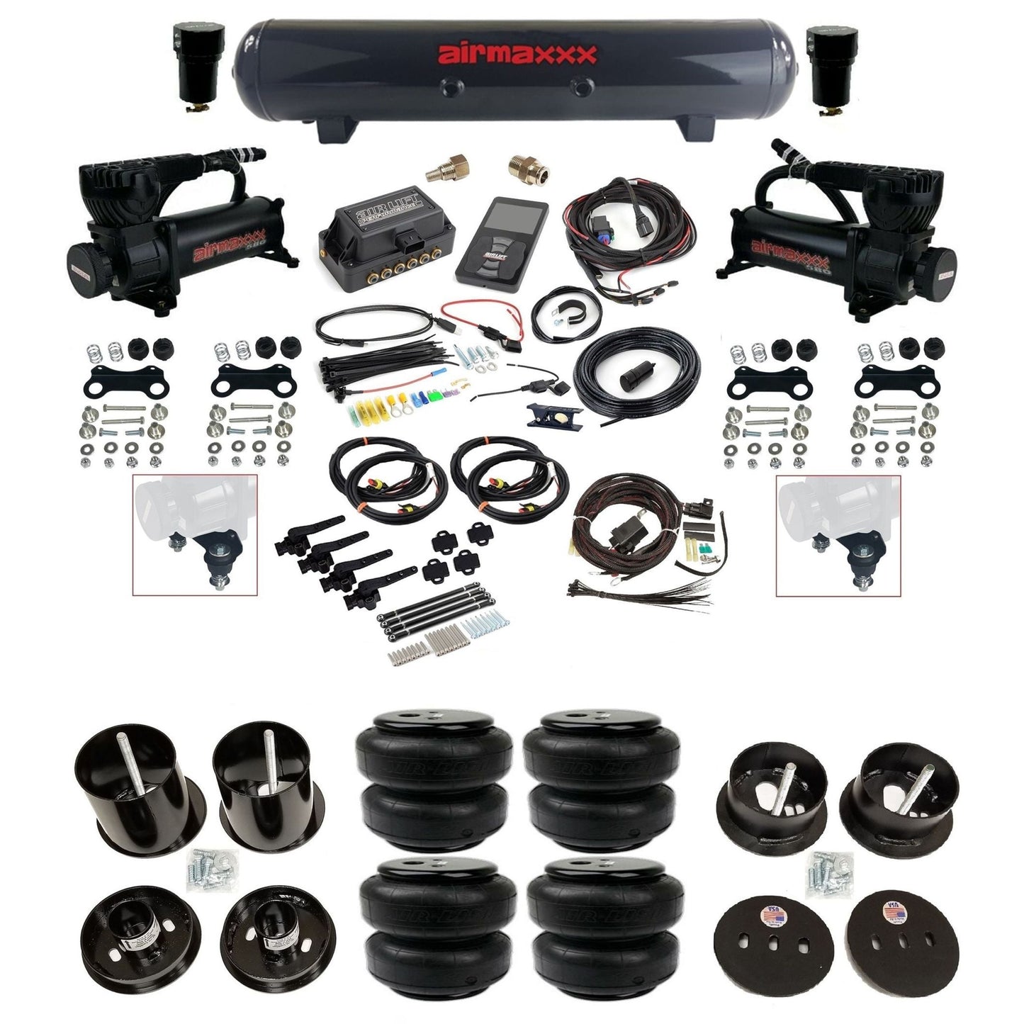 Air Lift 3H 27695 3/8 air suspension kit with dual black 580 compressors steel tank airlift bags & airmaxxx brackets fits 1963-64 Cadillac KCAD63-580B2-57S-27695-WK-3P2D25