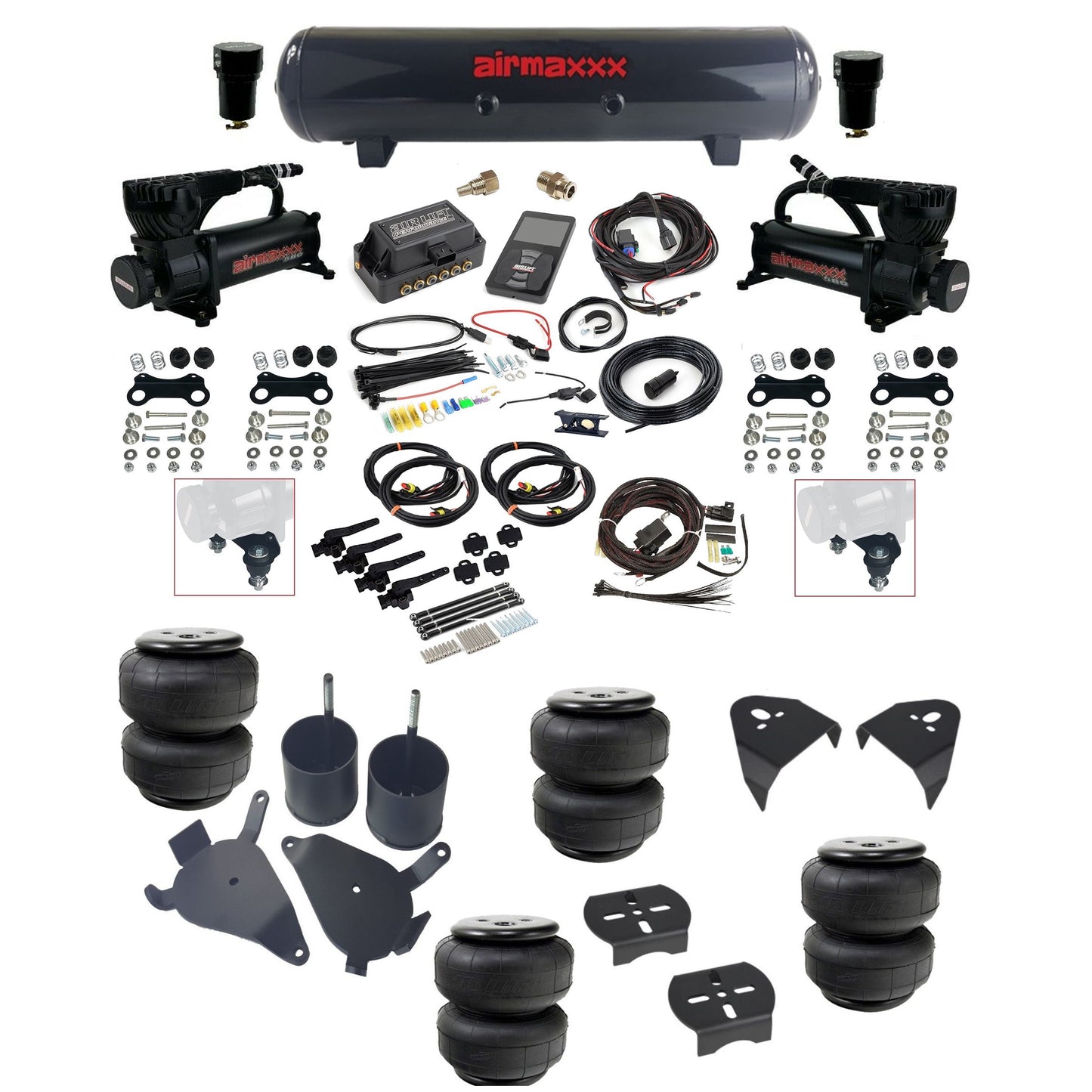 Air Lift 3H 27695 3/8 air suspension kit with dual black 580 compressors steel tank airlift bags & airmaxxx brackets fits 1982-05 Chevy S10/S15/Sonoma KS10-580B2-57S-27695-WK-3P2D25