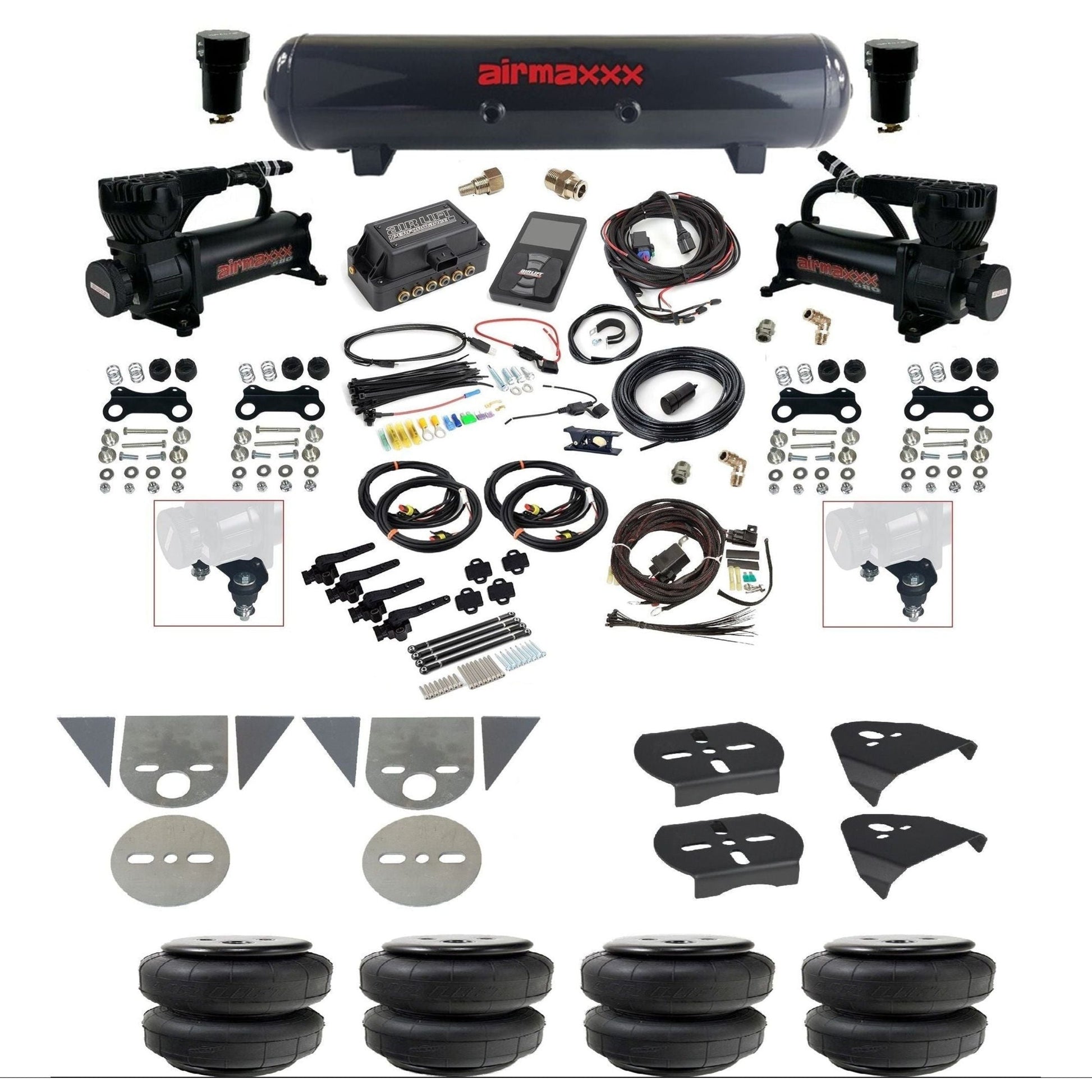 Air Lift 3H 27695 3/8 air suspension kit with dual black 580 compressors steel tank airlift bags & airmaxxx brackets for mini trucks KTOR-580B2-57S-27695-WK-3P2D25