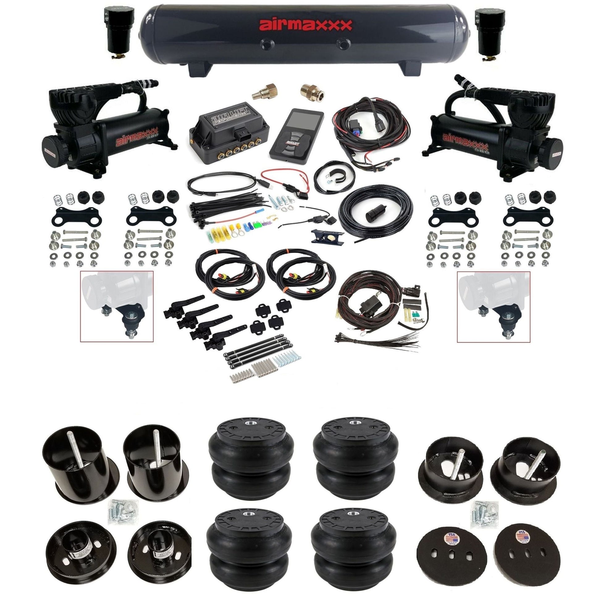 Air Lift 3H 27695 3/8 air suspension kit with dual black 580 compressors steel tank slam bags & airmaxxx brackets fits 1963-64 Cadillac KCAD63-580B2-57S-27695-WK-3P2SS7