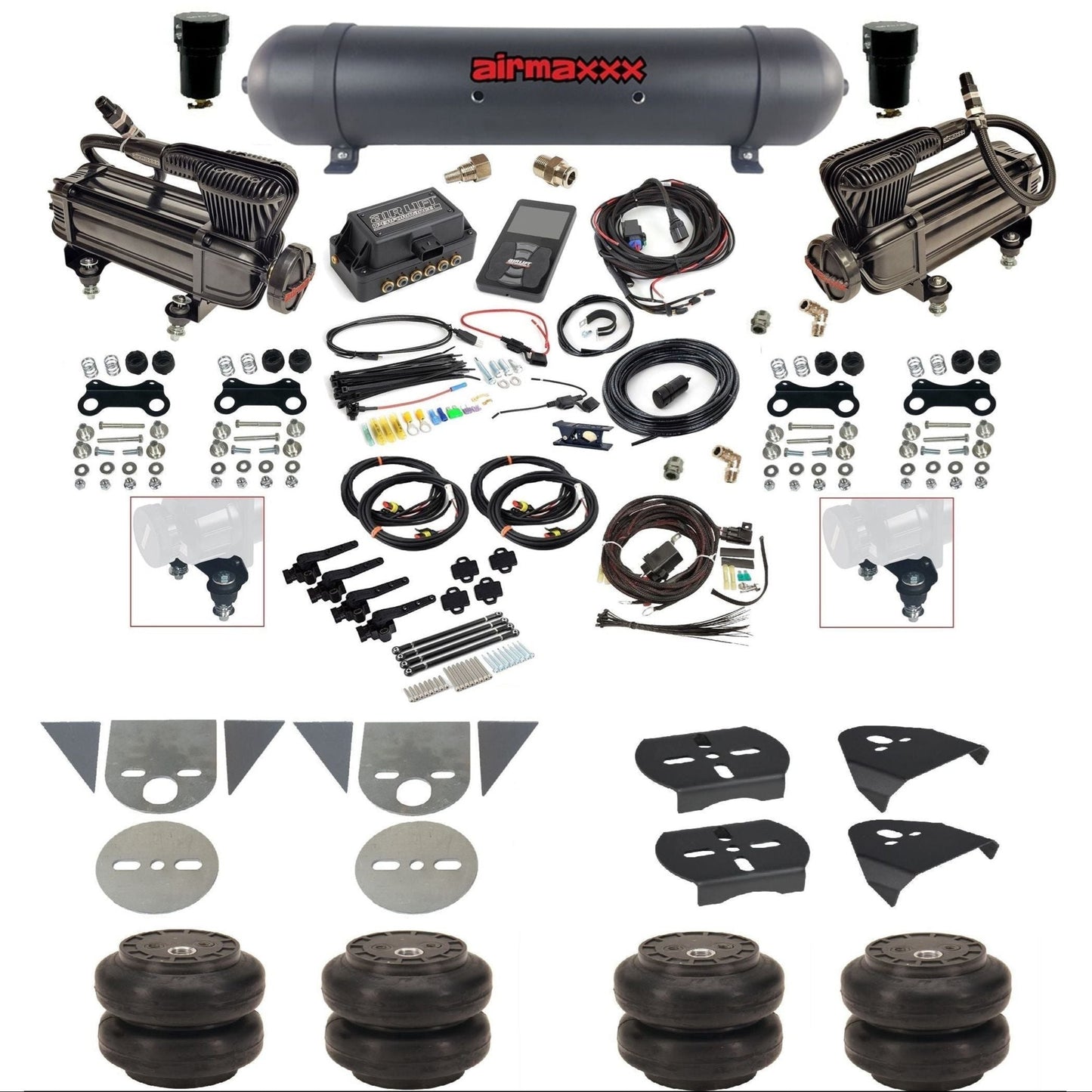 Air Lift 3H 27695 3/8 air suspension kit with dual black X-series compressors black aluminum tank Slam bags & airmaxxx brackets for mini trucks KTOR-XB2-57ABK-27695-WK-3P2SS6