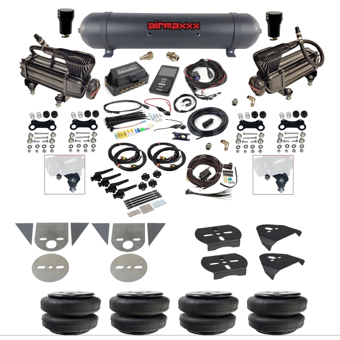 Air Lift 3H 27695 3/8 air suspension kit with dual black X-series compressors black aluminum tank airlift bags & airmaxxx brackets for mini trucks KTOR-XB2-57ABK-27695-WK-3P2D25