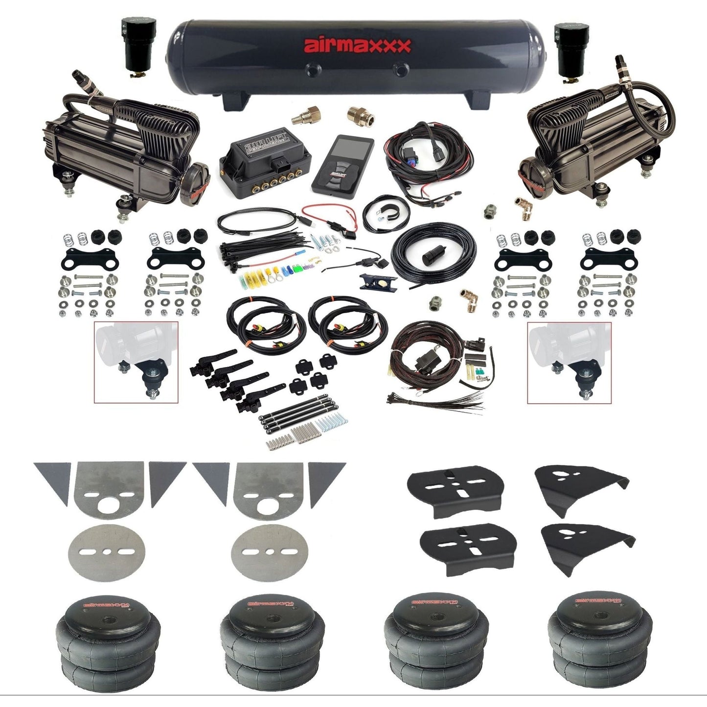 Air Lift 3H 27695 3/8 air suspension kit with dual black X-series compressors steel tank 2500 bags & airmaxxx brackets for mini trucks TOR-XB2-57S-27695-WK-3P2