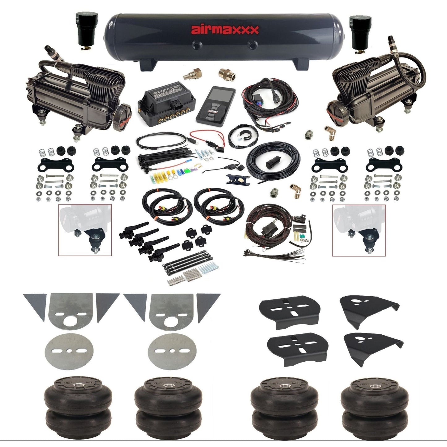 Air Lift 3H 27695 3/8 air suspension kit with dual black X-series compressors steel tank Slam bags & airmaxxx brackets for mini trucks KTOR-XB2-57S-27695-WK-3P2SS6