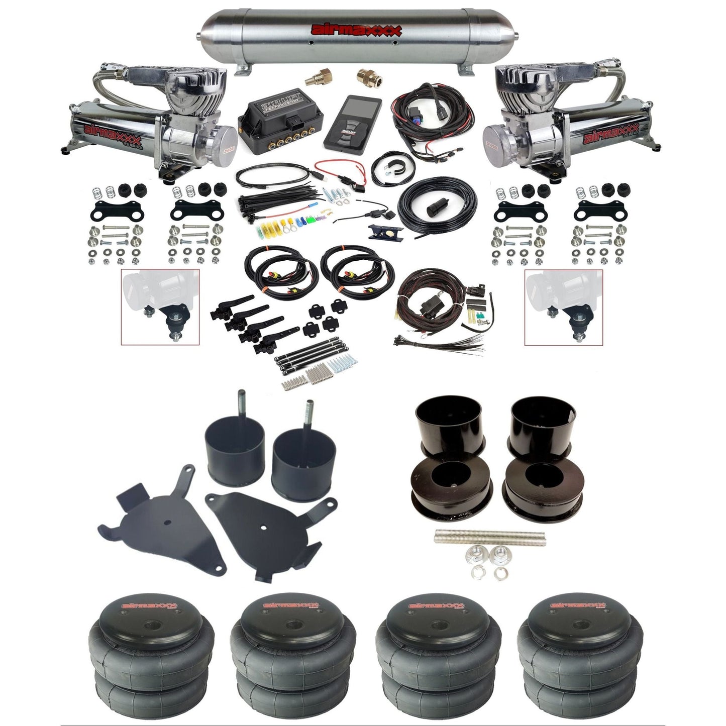 Air Lift 3H 27695 3/8 chrome 580 compressor air suspension kit w/raw aluminum tank 2600 bags & airmaxxx brackets fits 1978-88 GM G-Body K-GBODY-580C2-27695-57ARW-WK-3P2