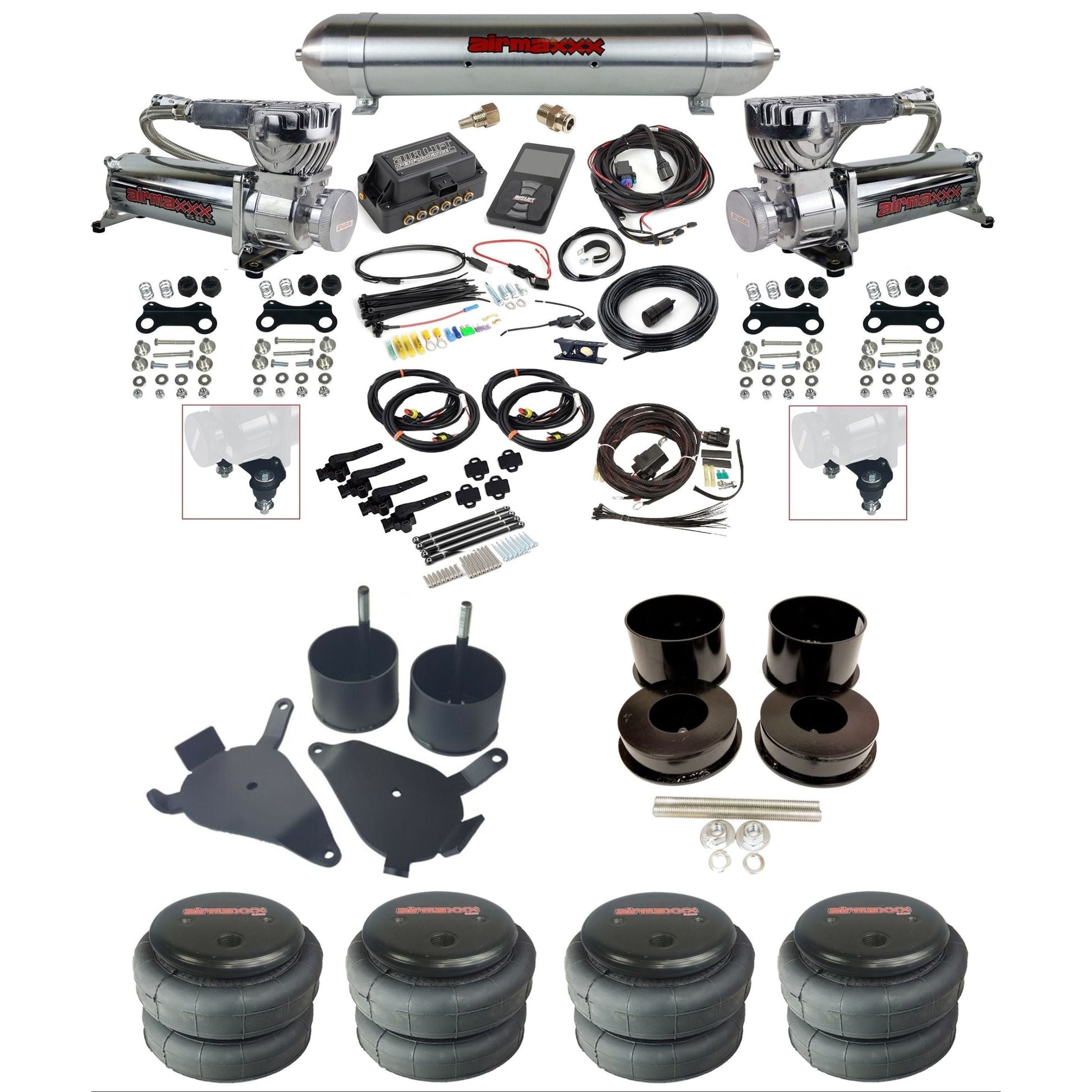 Air Lift 3H 27695 3/8 chrome 580 compressor air suspension kit w/raw aluminum tank 2600 bags & airmaxxx brackets fits 1978-88 GM G-Body K-GBODY-580C2-27695-57ARW-WK-3P2