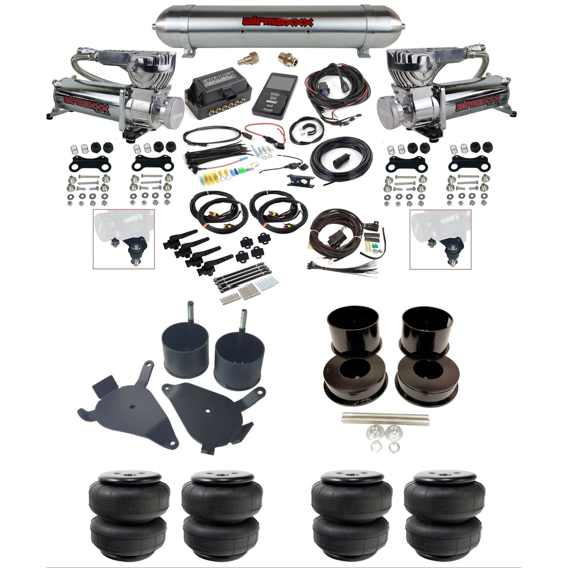 Air Lift 3H 27695 3/8 chrome 580 compressor air suspension kit w/raw aluminum tank airlift bags & airmaxxx brackets fits 1978-88 GM G-Body K-GBODY-580C2-27695-57ARW-WK-3P2D25