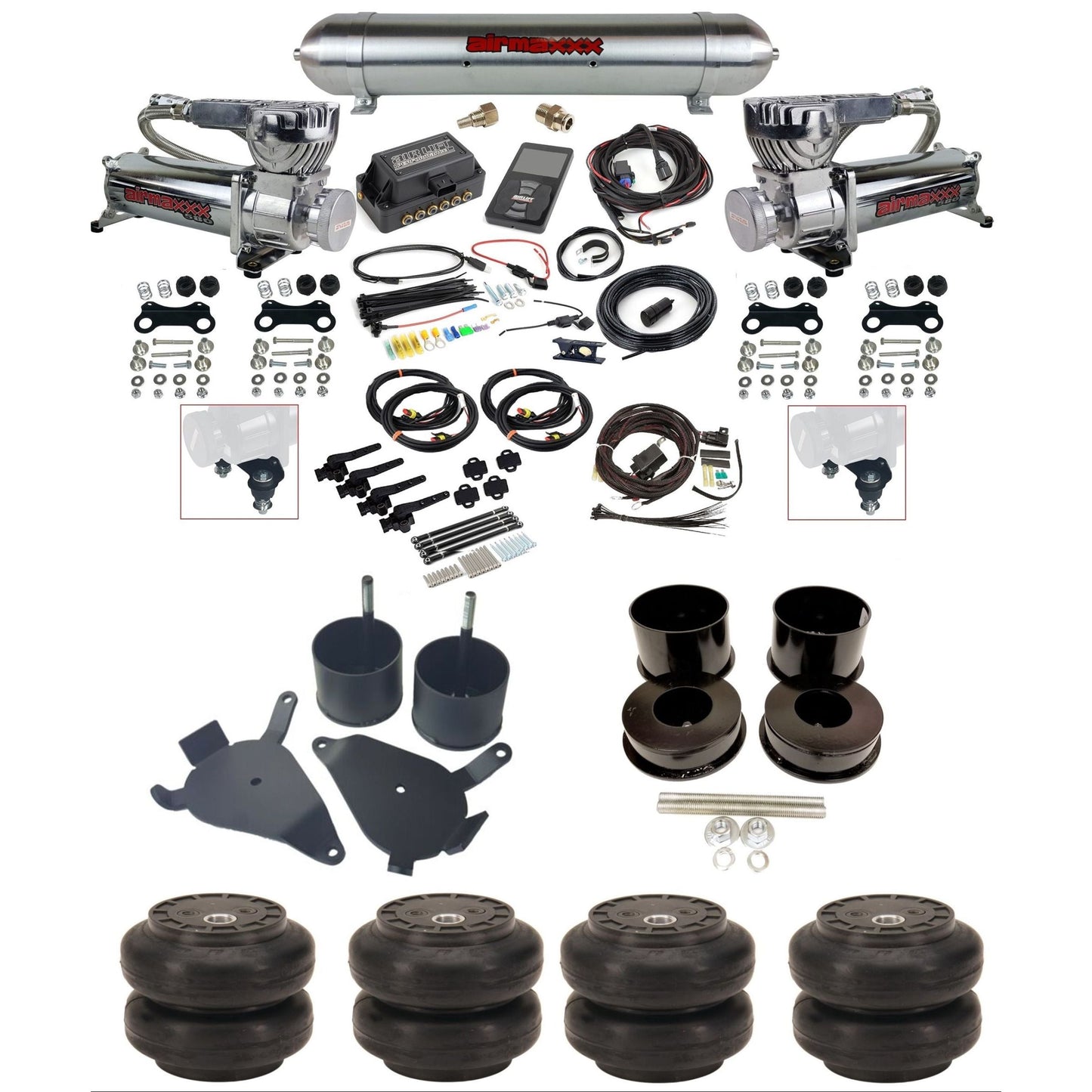 Air Lift 3H 27695 3/8 chrome 580 compressor air suspension kit w/raw aluminum tank slam bags & airmaxxx brackets fits 1978-88 GM G-Body K-GBODY-580C2-27695-57ARW-WK-3P2SS6