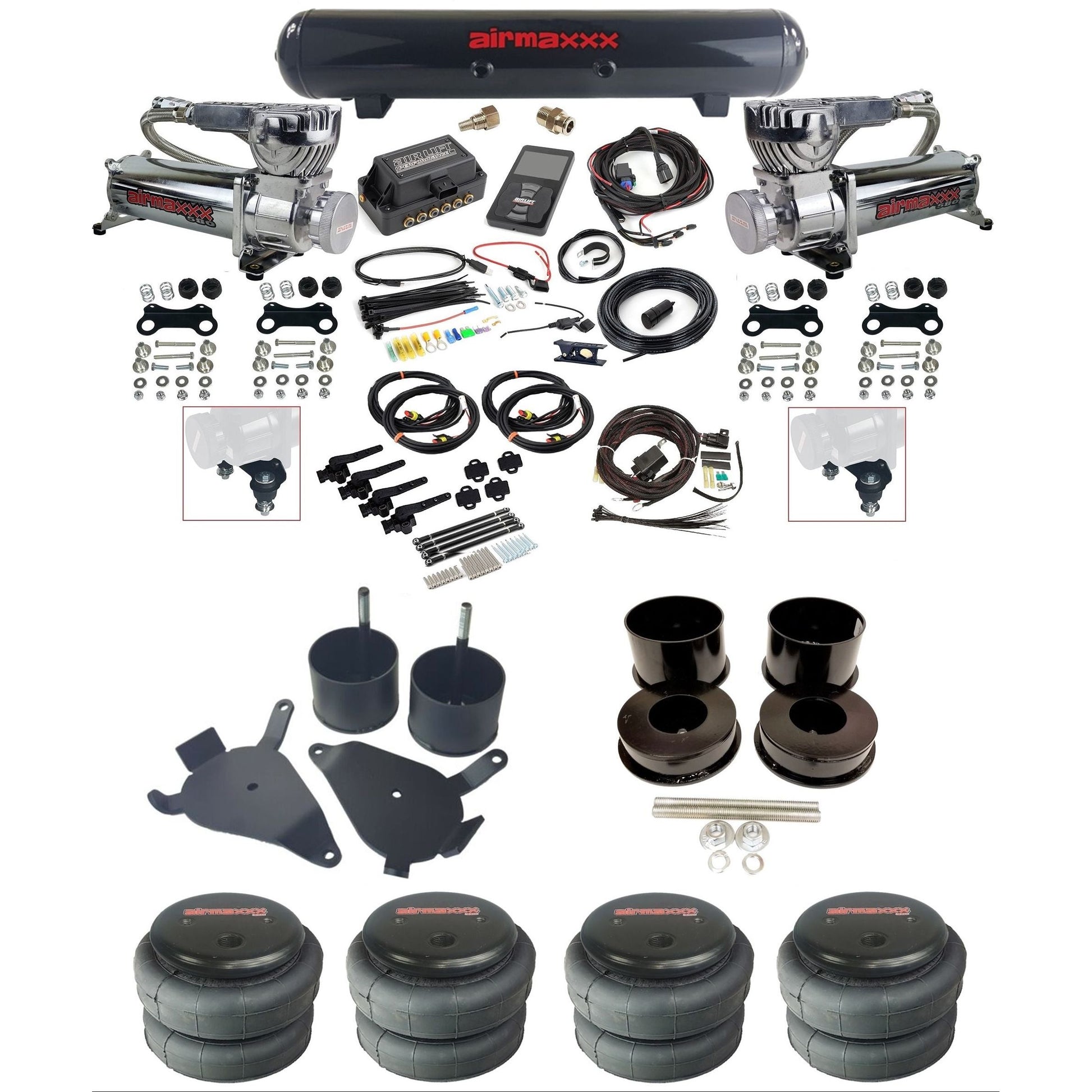 Air Lift 3H 27695 3/8 chrome 580 compressor air suspension kit w/steel tank 2600 bags & airmaxxx brackets fits 1978-88 GM G-Body K-GBODY-580C2-27695-57S-WK-3P2