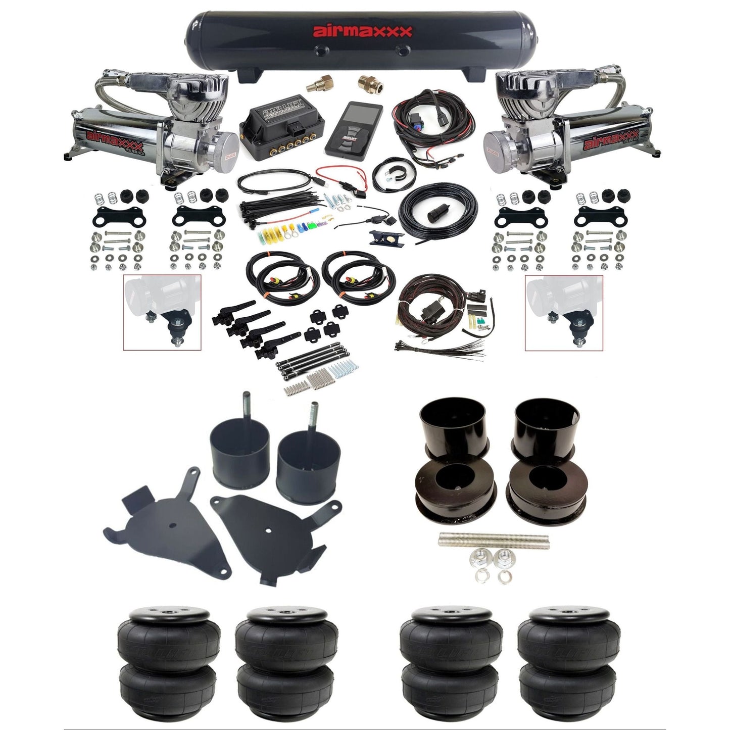 Air Lift 3H 27695 3/8 chrome 580 compressor air suspension kit w/steel tank airlift bags & airmaxxx brackets fits 1978-88 GM G-Body K-GBODY-580C2-27695-57S-WK-3P2D25