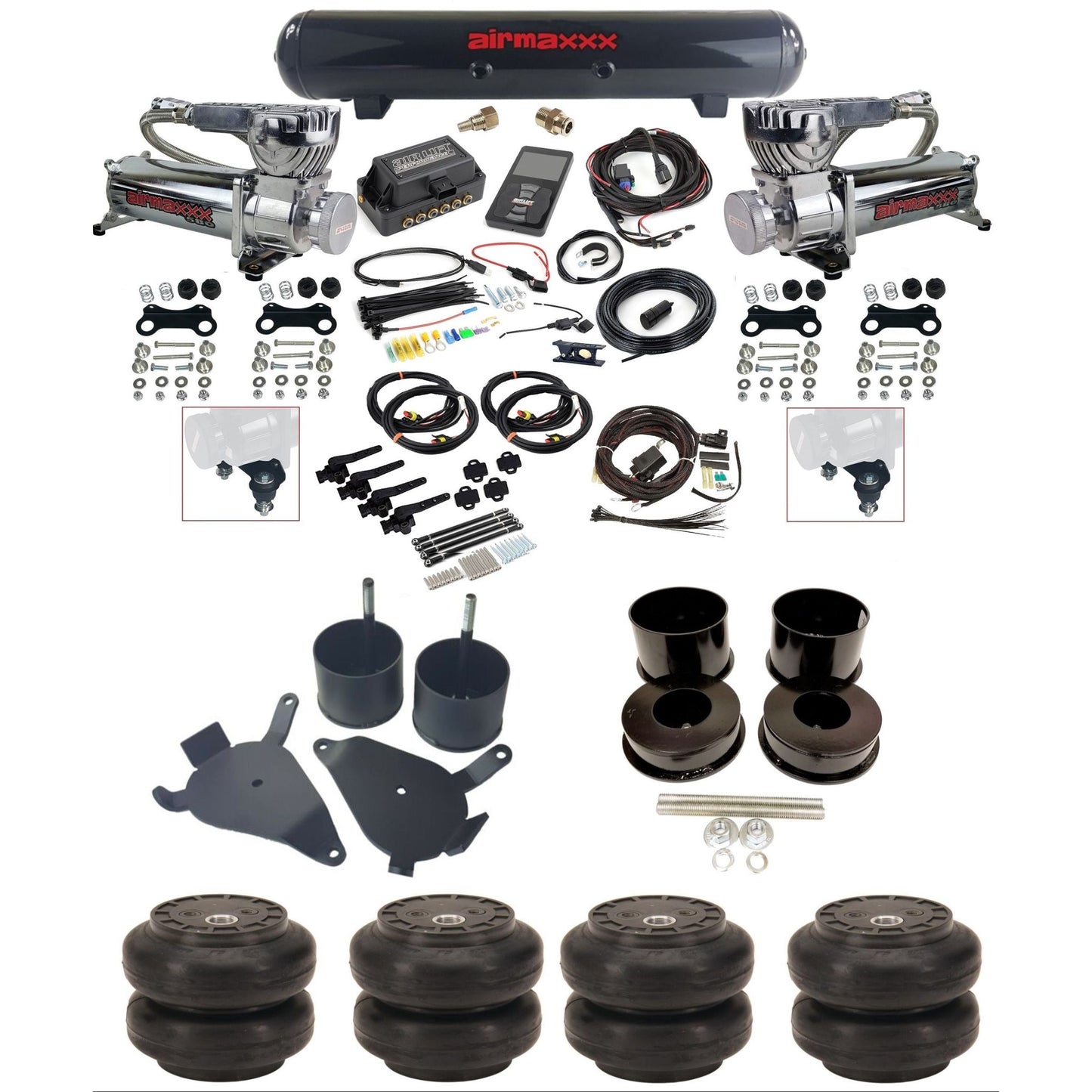 Air Lift 3H 27695 3/8 chrome 580 compressor air suspension kit w/steel tank slam bags & airmaxxx brackets fits 1978-88 GM G-Body K-GBODY-580C2-27695-57S-WK-3P2SS6