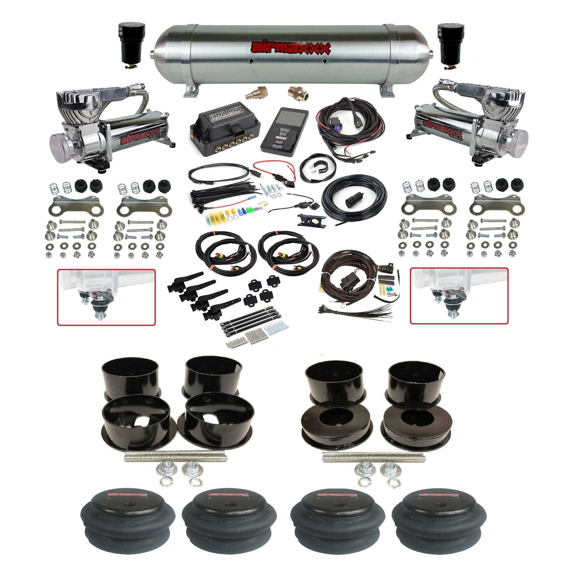 Air Lift 3H 27695 3/8 chrome 580 compressor aluminum tank 2600 bags air suspension kit fits 1971-96 GM B-Body KBBDY-580C2-57ARW-27695-WK-3P2