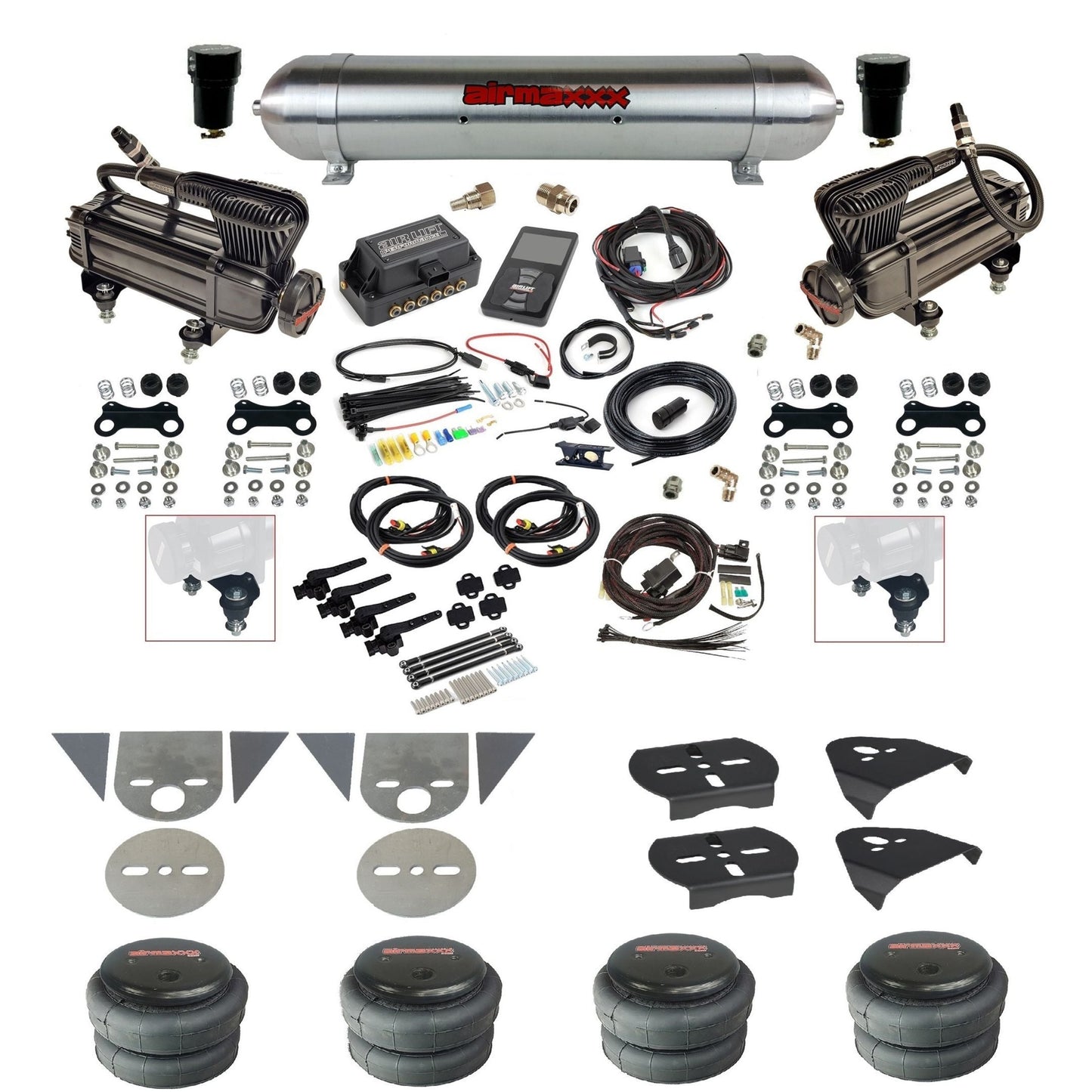 Air Lift 3H 27695 3/8" suspension kit with X-series compressors raw aluminum tank 2500 bags & airmaxxx brackets for mini trucks KTOR-XB2-57ARW-27695-WK-3P2