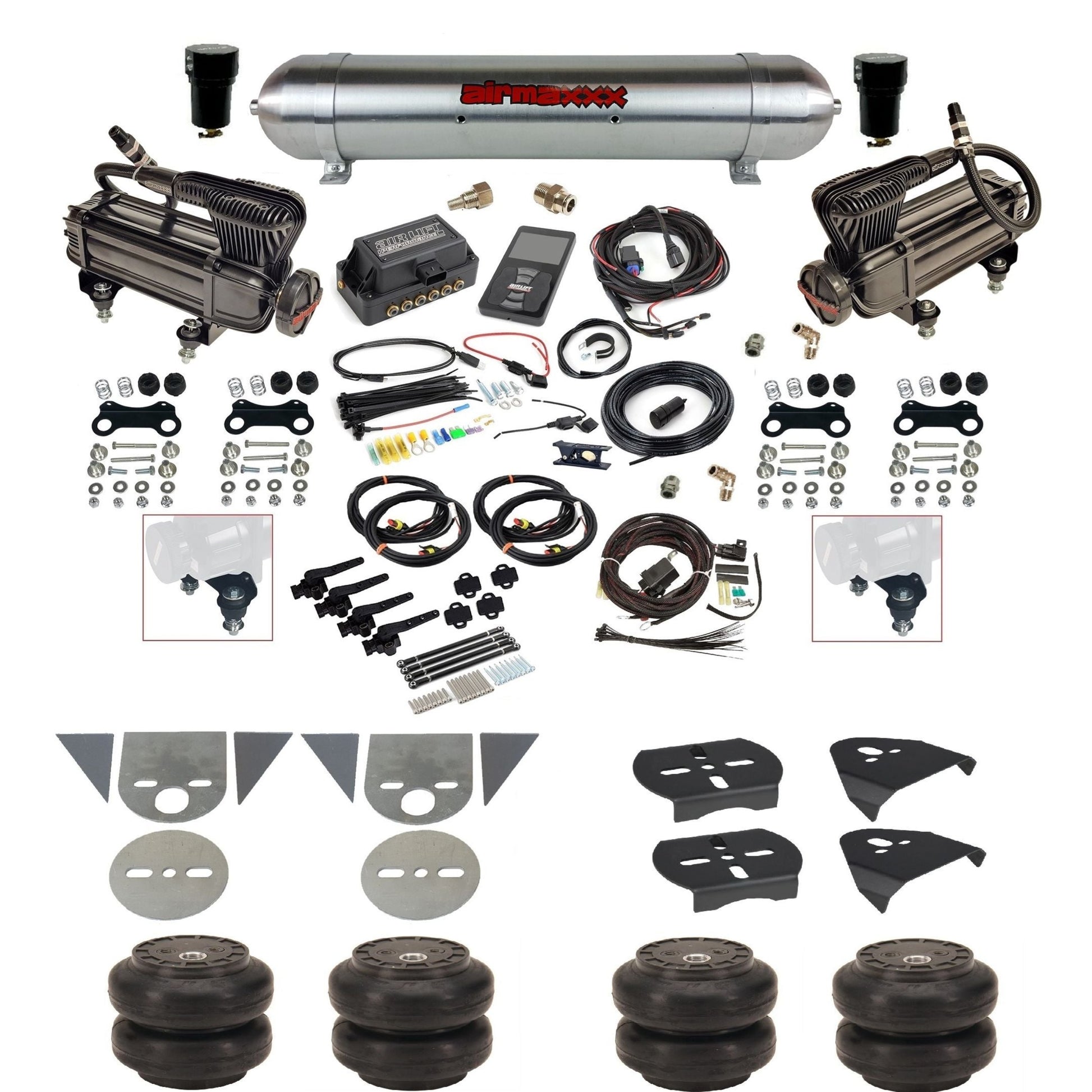 Air Lift 3H 27695 3/8" suspension kit with X-series compressors raw aluminum tank Slam bags & airmaxxx brackets for mini trucks KTOR-XB2-57ARW-27695-WK-3P2SS6