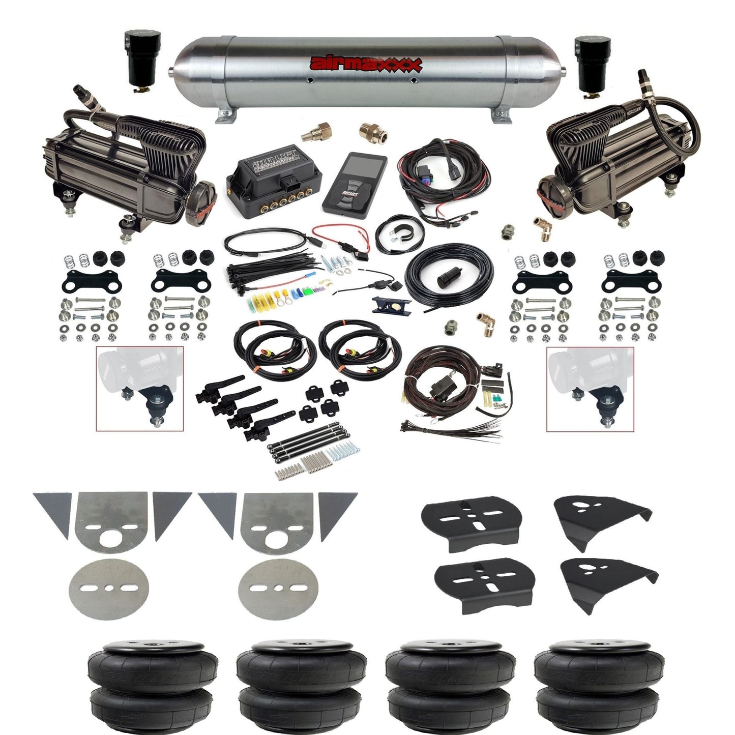 Air Lift 3H 27695 3/8" suspension kit with X-series compressors raw aluminum tank airlift bags & airmaxxx brackets for mini trucks KTOR-XB2-57ARW-27695-WK-3P2D25