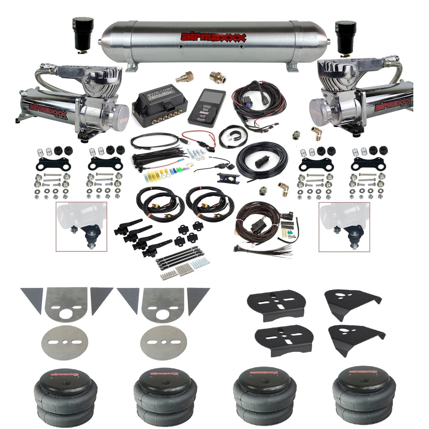 Air Lift 3H 27695 3/8" suspension kit with chrome 580 compressors raw aluminum tank 2500 bags & airmaxxx brackets for mini trucks KTOR-580C2-57ARW-27695-WK-3P2