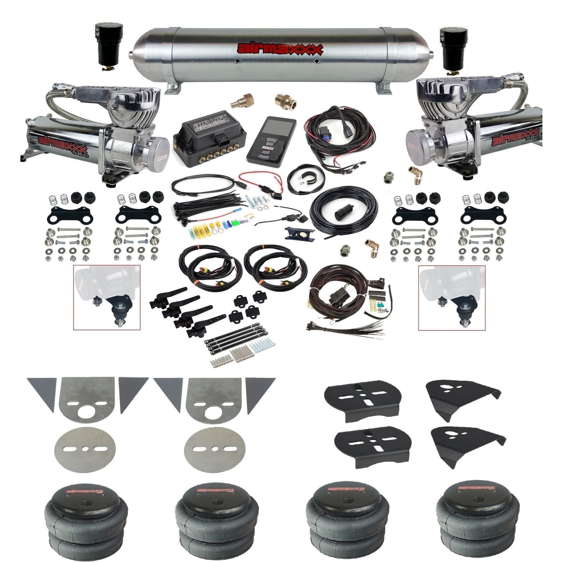 Air Lift 3H 27695 3/8" suspension kit with chrome 580 compressors raw aluminum tank 2500 bags & airmaxxx brackets for mini trucks KTOR-580C2-57ARW-27695-WK-3P2