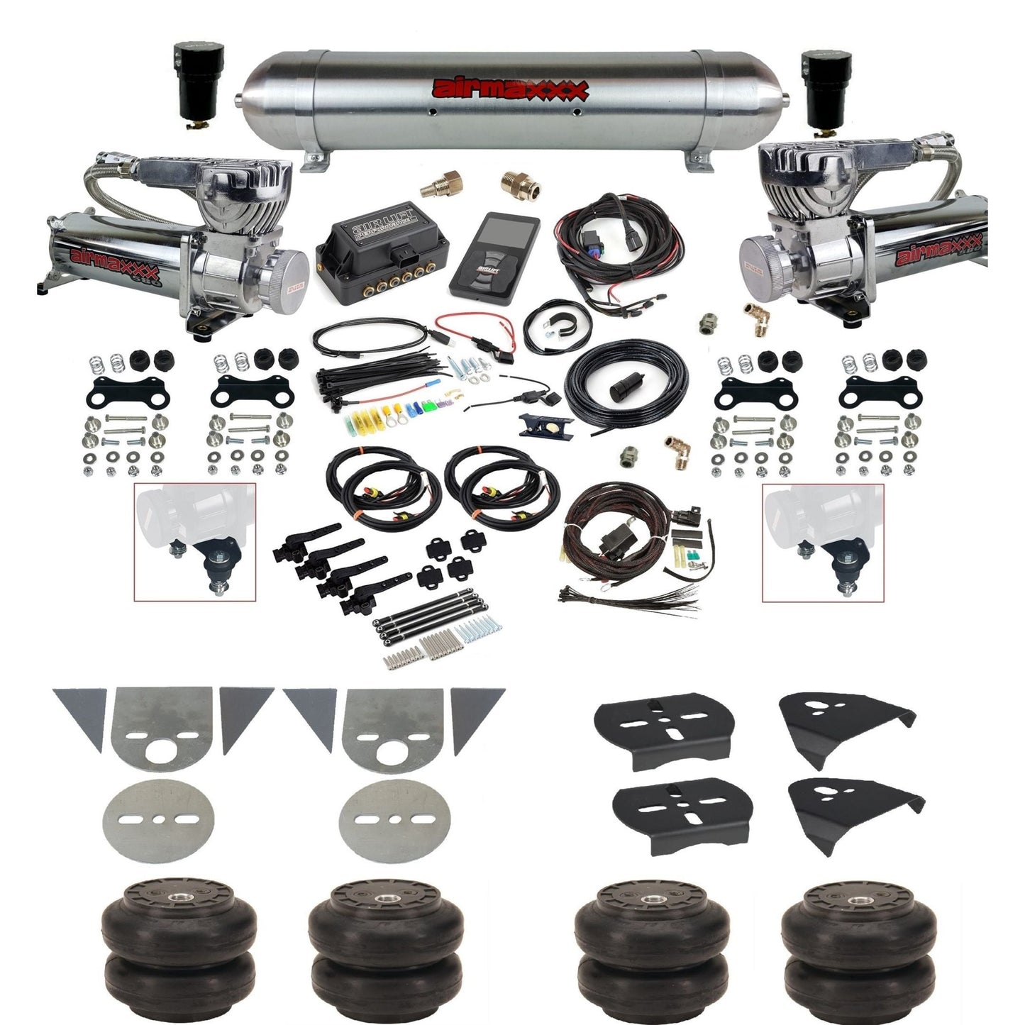 Air Lift 3H 27695 3/8" suspension kit with chrome 580 compressors raw aluminum tank Slam bags & airmaxxx brackets for mini trucks KTOR-580C2-57ARW-27695-WK-3P2SS6