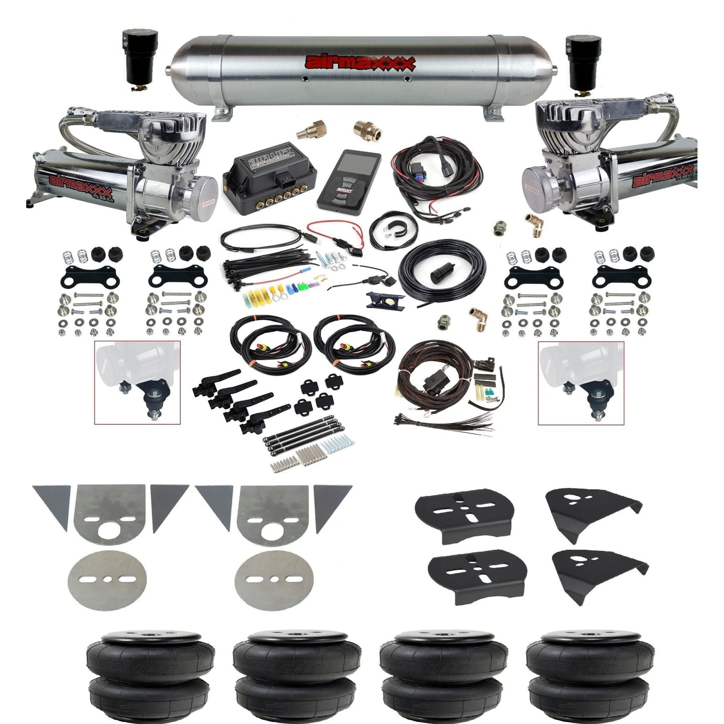 Air Lift 3H 27695 3/8" suspension kit with chrome 580 compressors raw aluminum tank airlift bags & airmaxxx brackets for mini trucks KTOR-580C2-57ARW-27695-WK-3P2D25