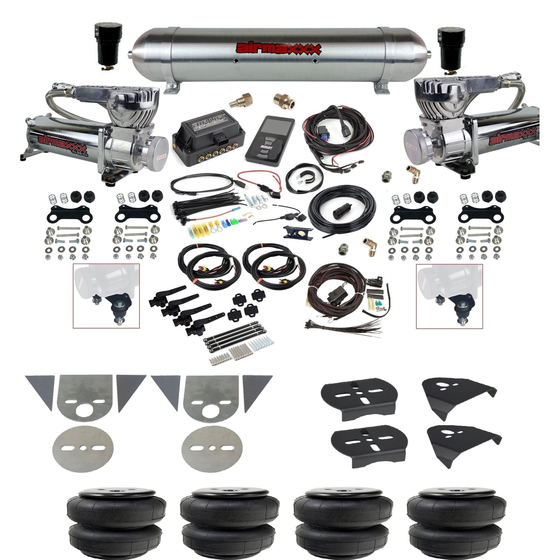 Air Lift 3H 27695 3/8" suspension kit with chrome 580 compressors raw aluminum tank airlift bags & airmaxxx brackets for mini trucks KTOR-580C2-57ARW-27695-WK-3P2D25