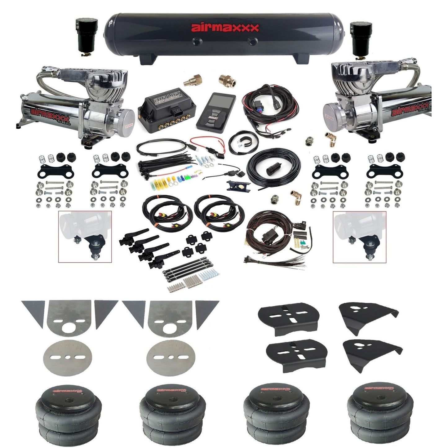 Air Lift 3H 27695 3/8" suspension kit with chrome 580 compressors steel tank 2500 bags & airmaxxx brackets for mini trucks KTOR-580C2-57S-27695-WK-3P2