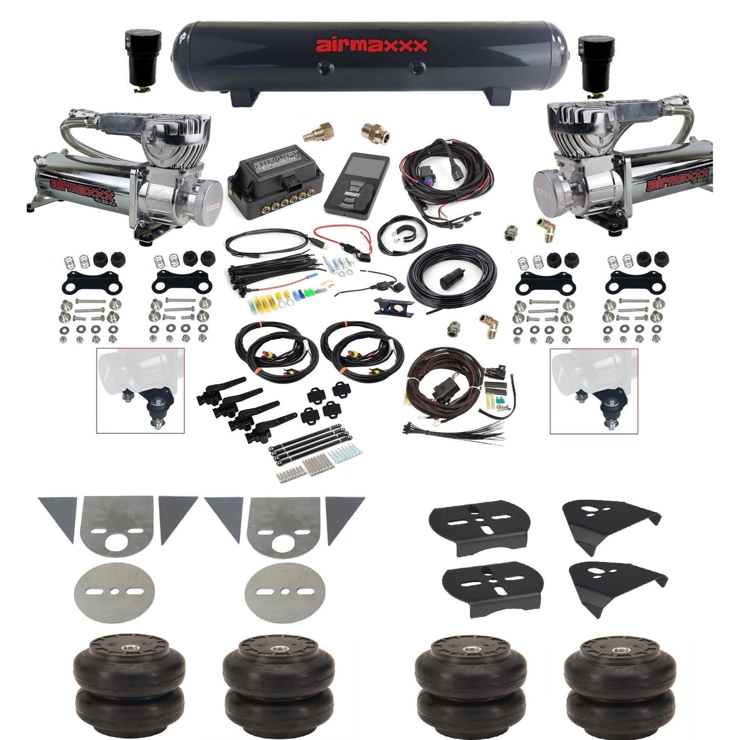 Air Lift 3H 27695 3/8" suspension kit with chrome 580 compressors steel tank Slam bags & airmaxxx brackets for mini trucks KTOR-580C2-57S-27695-WK-3P2SS6