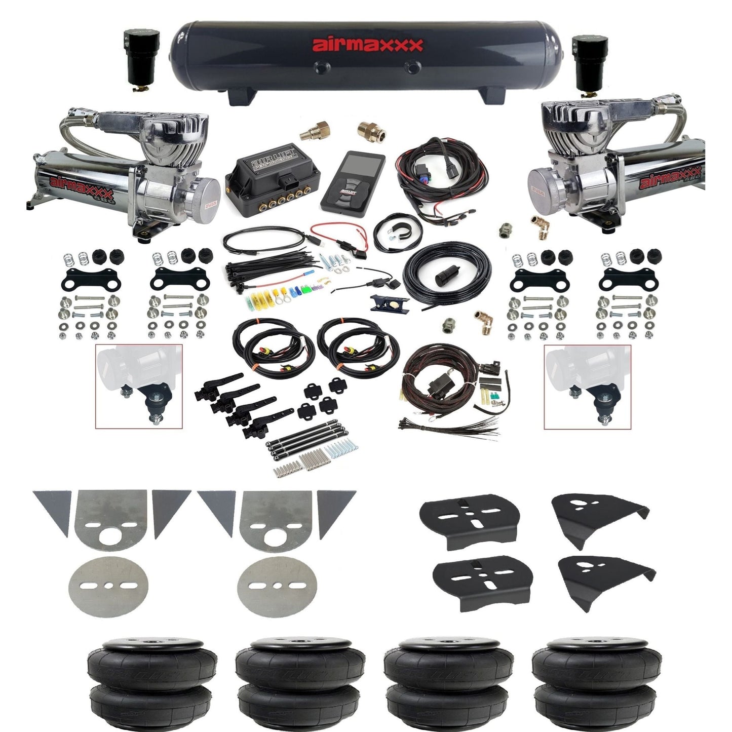 Air Lift 3H 27695 3/8" suspension kit with chrome 580 compressors steel tank airlift bags & airmaxxx brackets for mini trucks KTOR-580C2-57S-27695-WK-3P2D25