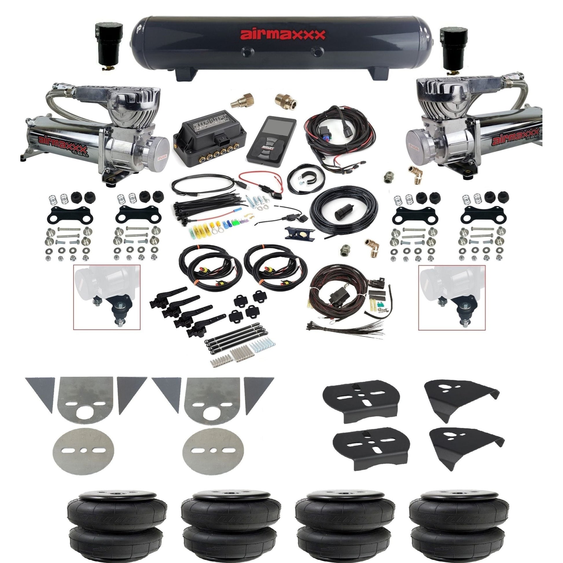 Air Lift 3H 27695 3/8" suspension kit with chrome 580 compressors steel tank airlift bags & airmaxxx brackets for mini trucks KTOR-580C2-57S-27695-WK-3P2D25