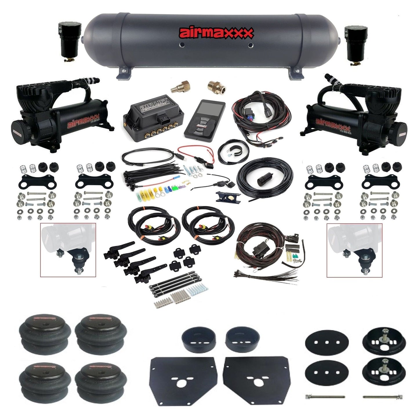 Air Lift 3H 27695 dual 580 black compressors aluminum tank 2600 bags & airmaxxx brackets Air Ride Kit for 1963–72 Chevy/GMC C10/C20/C30 KC1063-580B2-57ABK-27695-WK-3P2