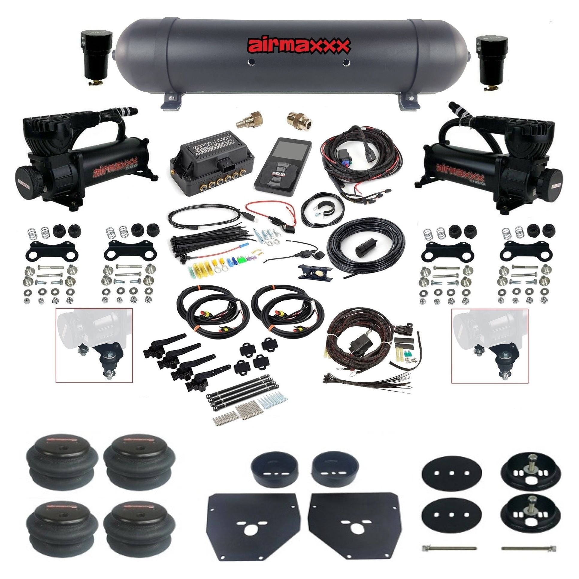 Air Lift 3H 27695 dual 580 black compressors aluminum tank 2600 bags & airmaxxx brackets Air Ride Kit for 1963–72 Chevy/GMC C10/C20/C30 KC1063-580B2-57ABK-27695-WK-3P2