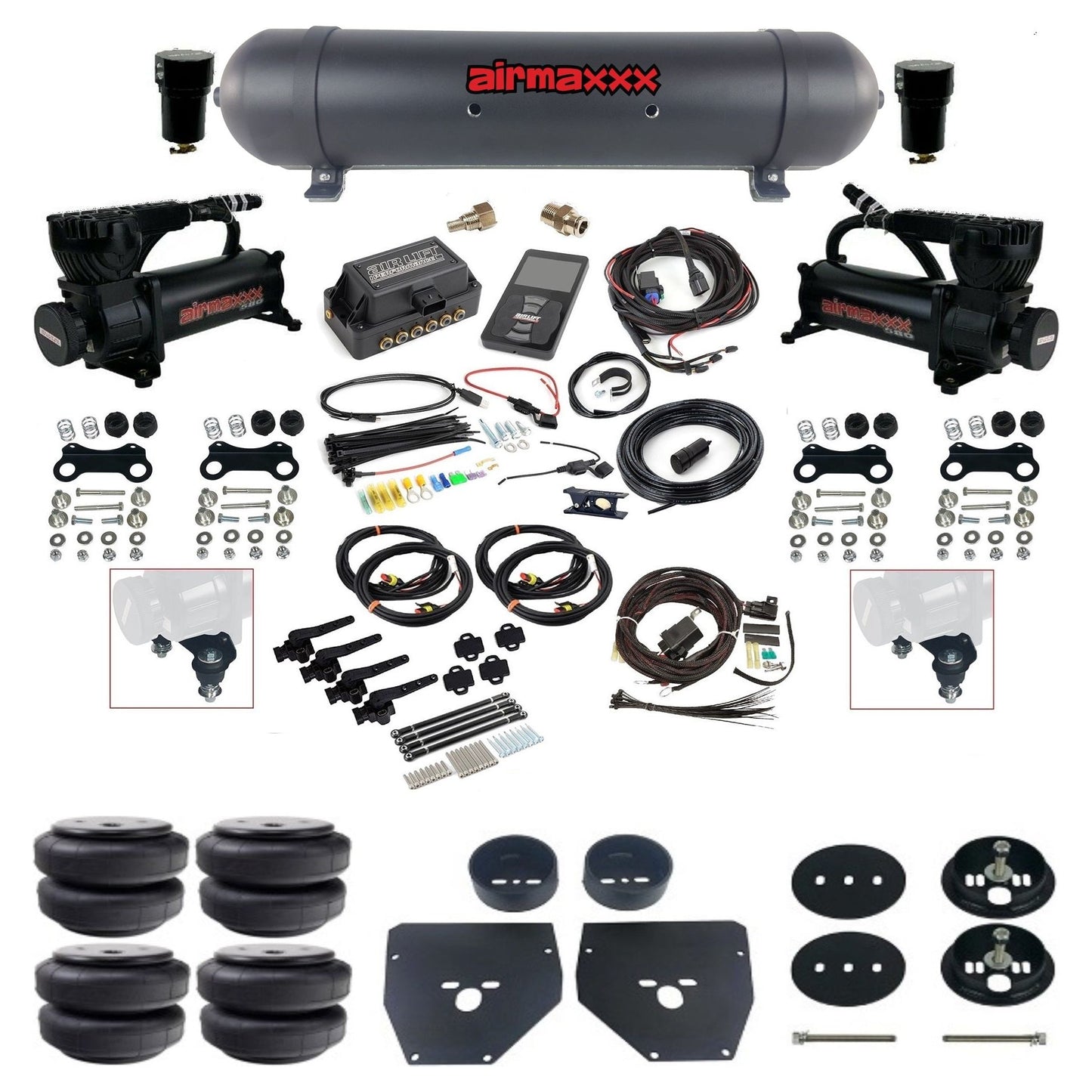 Air Lift 3H 27695 dual 580 black compressors aluminum tank airlift bags & airmaxxx brackets Air Ride Kit for 1963–72 Chevy/GMC C10/C20/C30 KC1063-580B2-57ABK-27695-WK-3P2D26