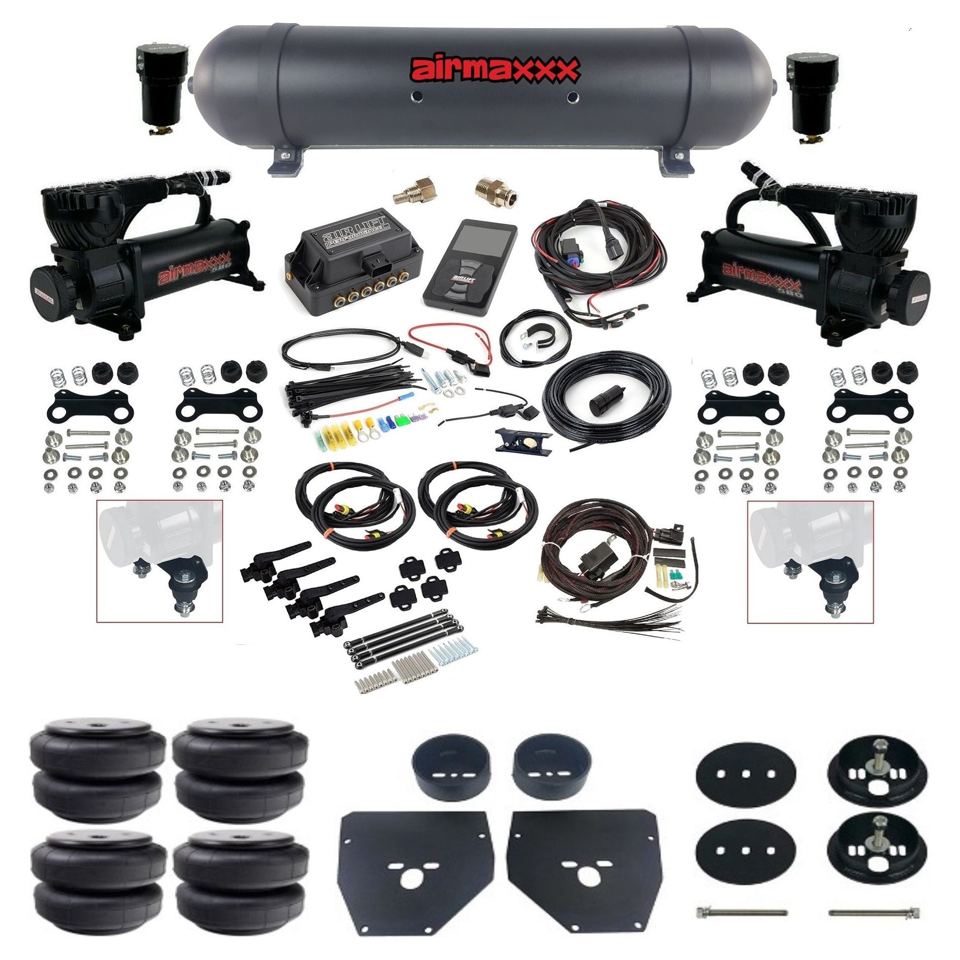 Air Lift 3H 27695 dual 580 black compressors aluminum tank airlift bags & airmaxxx brackets Air Ride Kit for 1963–72 Chevy/GMC C10/C20/C30 KC1063-580B2-57ABK-27695-WK-3P2D26