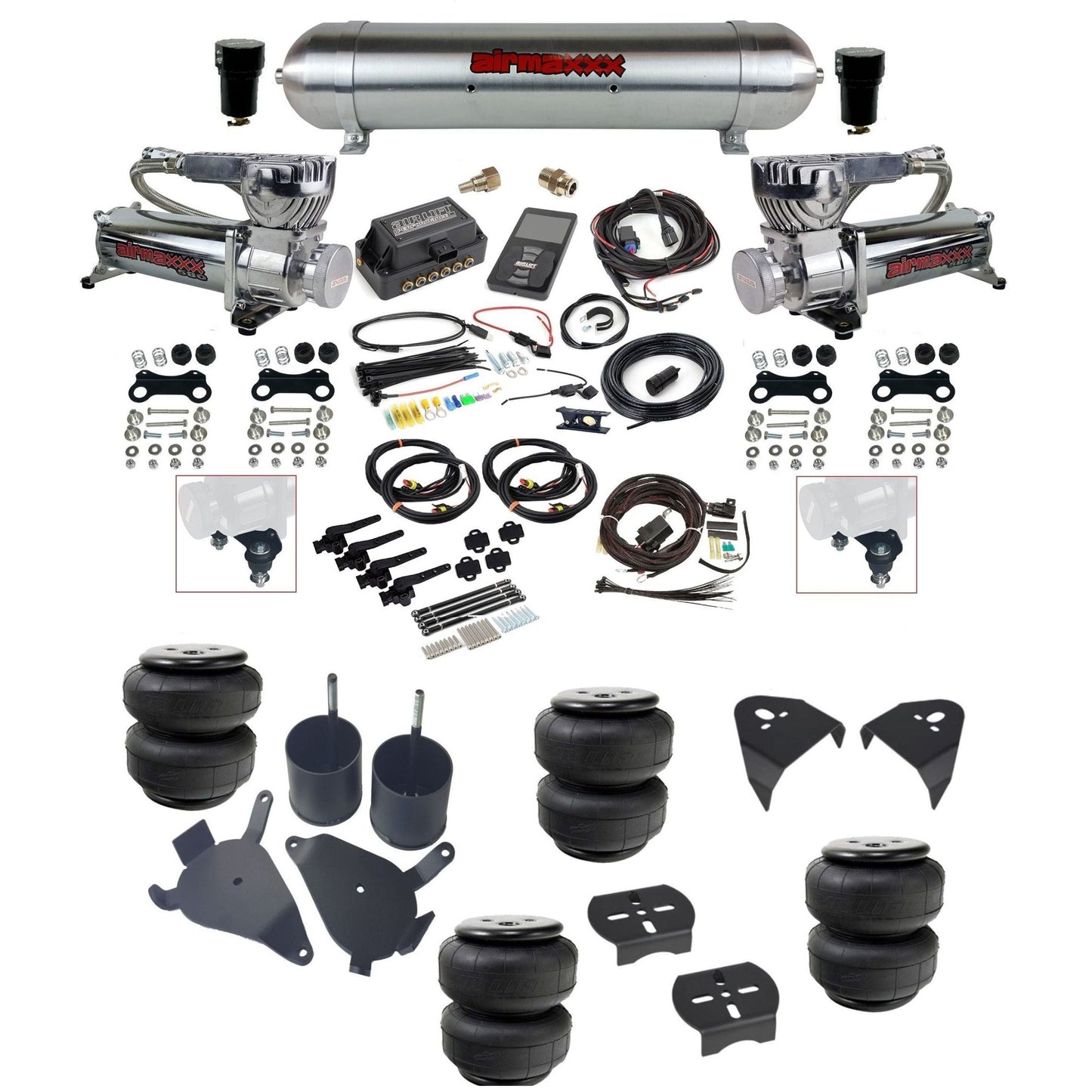 Air Lift 3H 27695 dual 580 chrome compressors raw aluminum tank airlift bags & airmaxxx brackets air ride Kit for 1982–2005 S10/S15/Sonoma KS10-580C2-57ARW-27695-WK-3P2D25