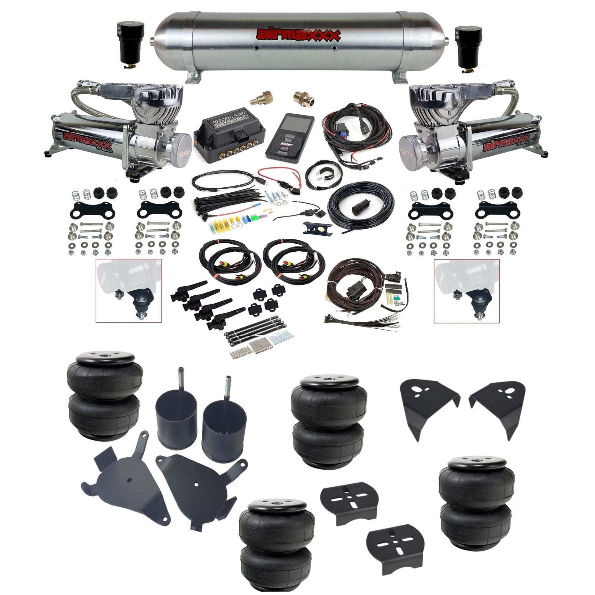 Air Lift 3H 27695 dual 580 chrome compressors raw aluminum tank airlift bags & airmaxxx brackets air ride Kit for 1982–2005 S10/S15/Sonoma KS10-580C2-57ARW-27695-WK-3P2D25