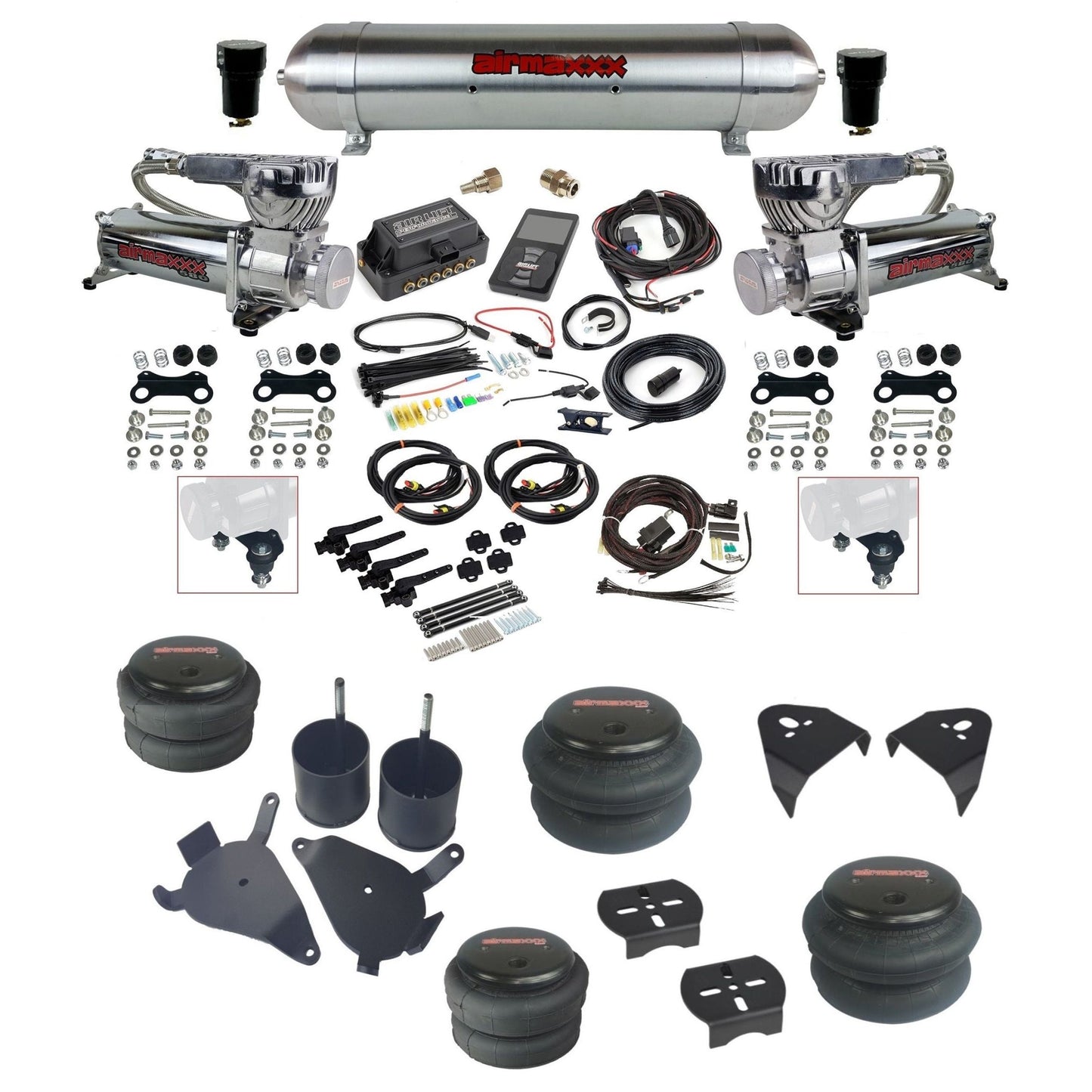 Air Lift 3H 27695 dual 580 chrome compressors raw aluminum tank bags & airmaxxx brackets air ride Kit for 1982–2005 S10/S15/Sonoma KS10-580C2-57ARW-27695-WK-3P2