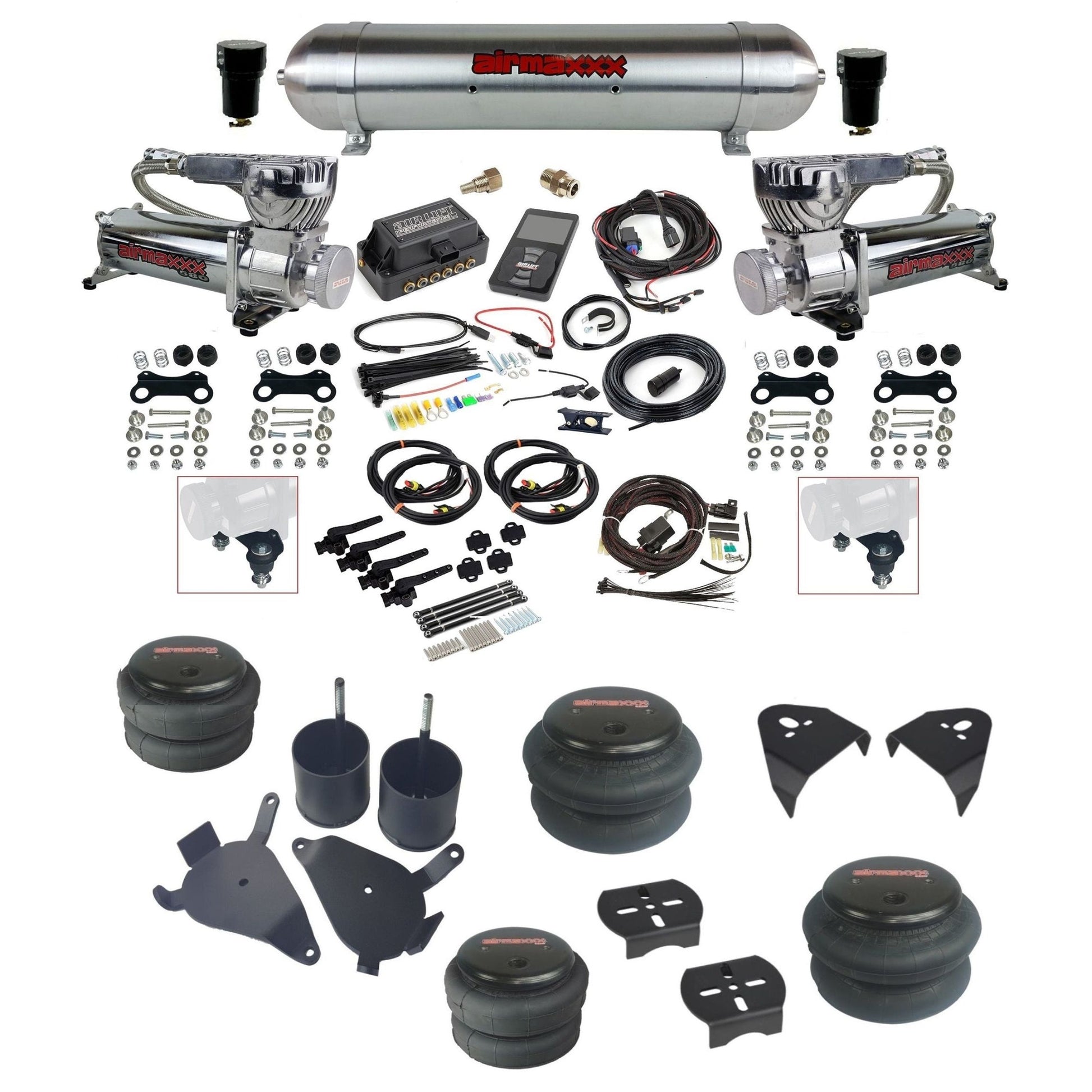 Air Lift 3H 27695 dual 580 chrome compressors raw aluminum tank bags & airmaxxx brackets air ride Kit for 1982–2005 S10/S15/Sonoma KS10-580C2-57ARW-27695-WK-3P2