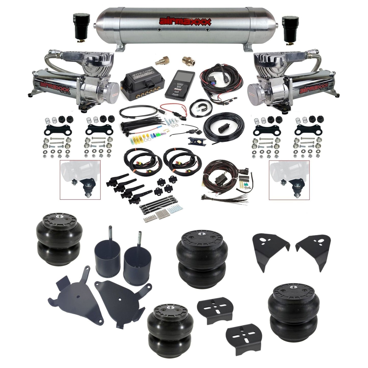 Air Lift 3H 27695 dual 580 chrome compressors raw aluminum tank slam bags & airmaxxx brackets air ride Kit for 1982–2005 S10/S15/Sonoma KS10-580C2-57ARW-27695-WK-3P2SS6SS7