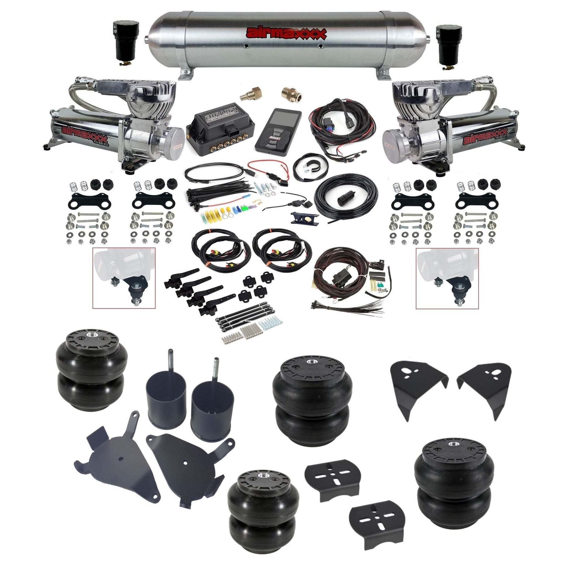 Air Lift 3H 27695 dual 580 chrome compressors raw aluminum tank slam bags & airmaxxx brackets air ride Kit for 1982–2005 S10/S15/Sonoma KS10-580C2-57ARW-27695-WK-3P2SS6SS7