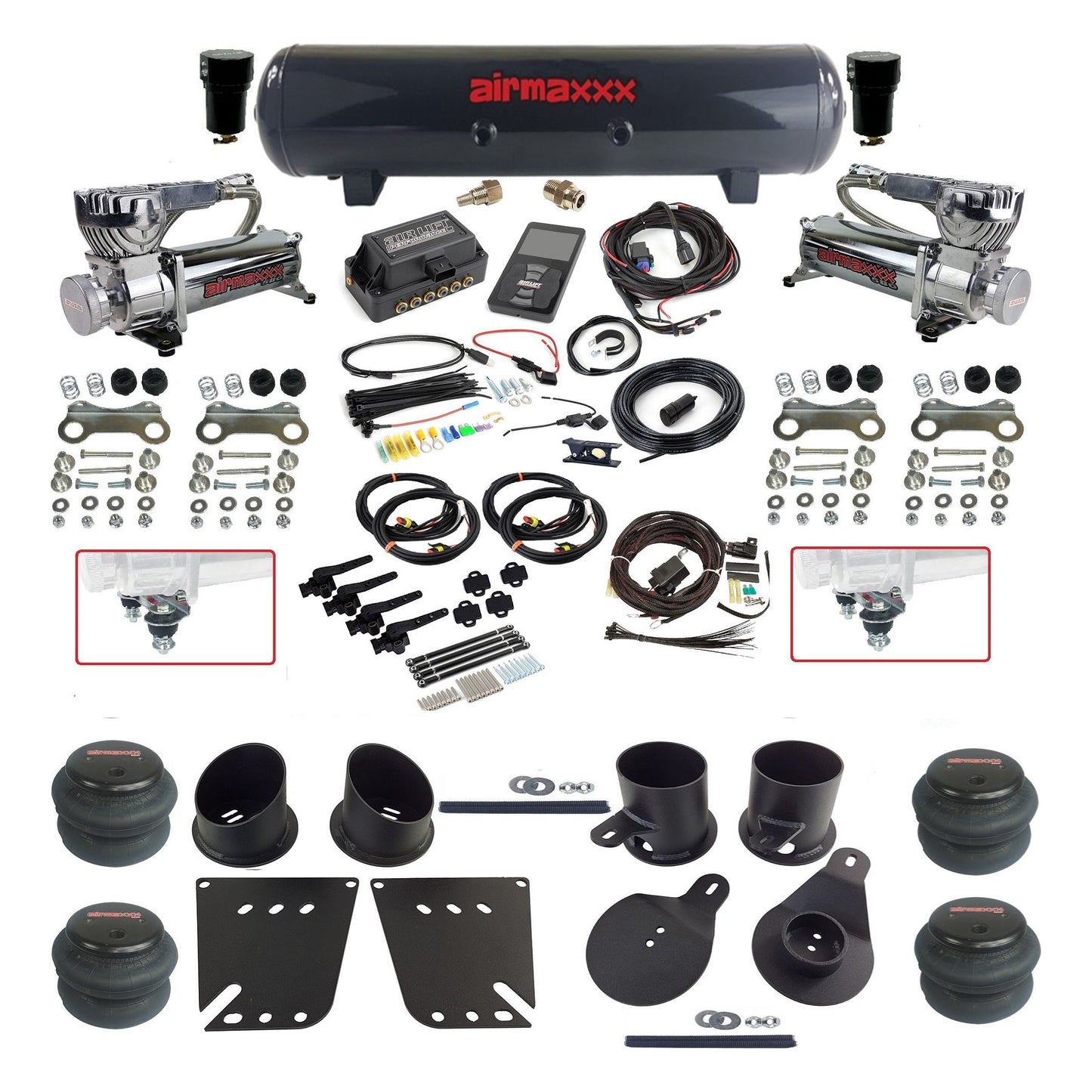 Air Lift 3H 27695 dual 580 chrome compressors steel tank 2600 bags & airmaxxx brackets Air Ride Kit for 1958–64 Chevy Impala KIMP58-580C2-57S-27695-WK-3P