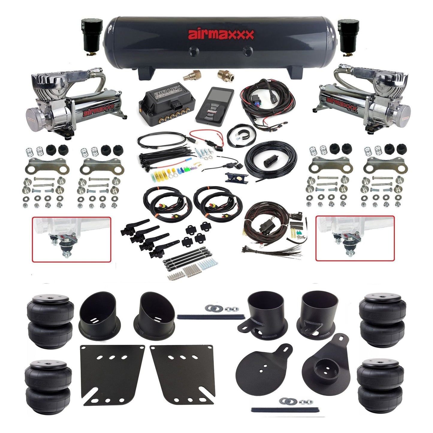 Air Lift 3H 27695 dual 580 chrome compressors steel tank airlift bags & airmaxxx brackets Air Ride Kit for 1958–64 Chevy Impala KIMP58-580C2-57S-27695-WK-3PD25